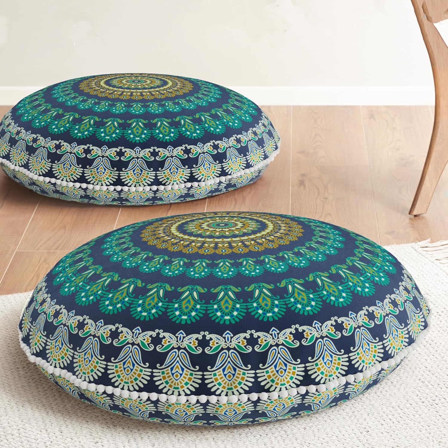 Codi Meditation Floor Pillow Set of 2, Round Large Pillows Seating for Adults, Bohemian Mandala Circle Cushion for Outdoor Fireplace Yoga Living Room, 32 Inch, Memory Foam Added, Navy