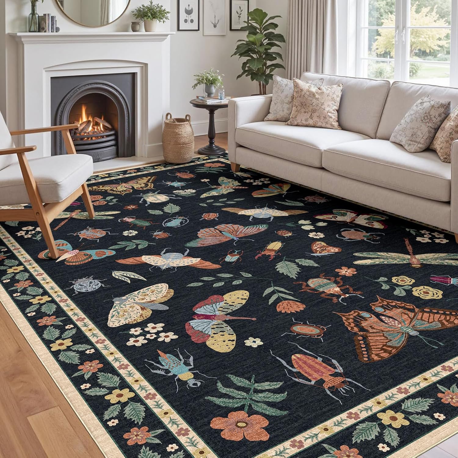 Floral 5x8 Living Room Area Rug - Sage Green Soft Washable Boho Rugs for Bedroom Aesthetic Stain Resistant Carpet Non Slip Modern Insect Print Rugs for Living Room Dining Room Kids Room Office