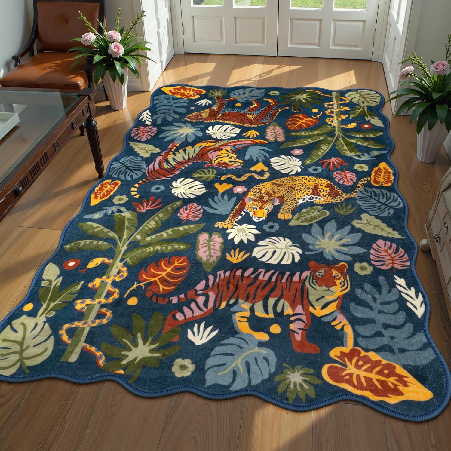 LEEVAN 5x7 Animal Area Rugs Washable Green Tiger Living Room Rugs Non Slip Scalloped Tiger Bedroom Rug Low Pile Leopard Nursery Floor Carpet Jungle Leaf Print Kids Rug