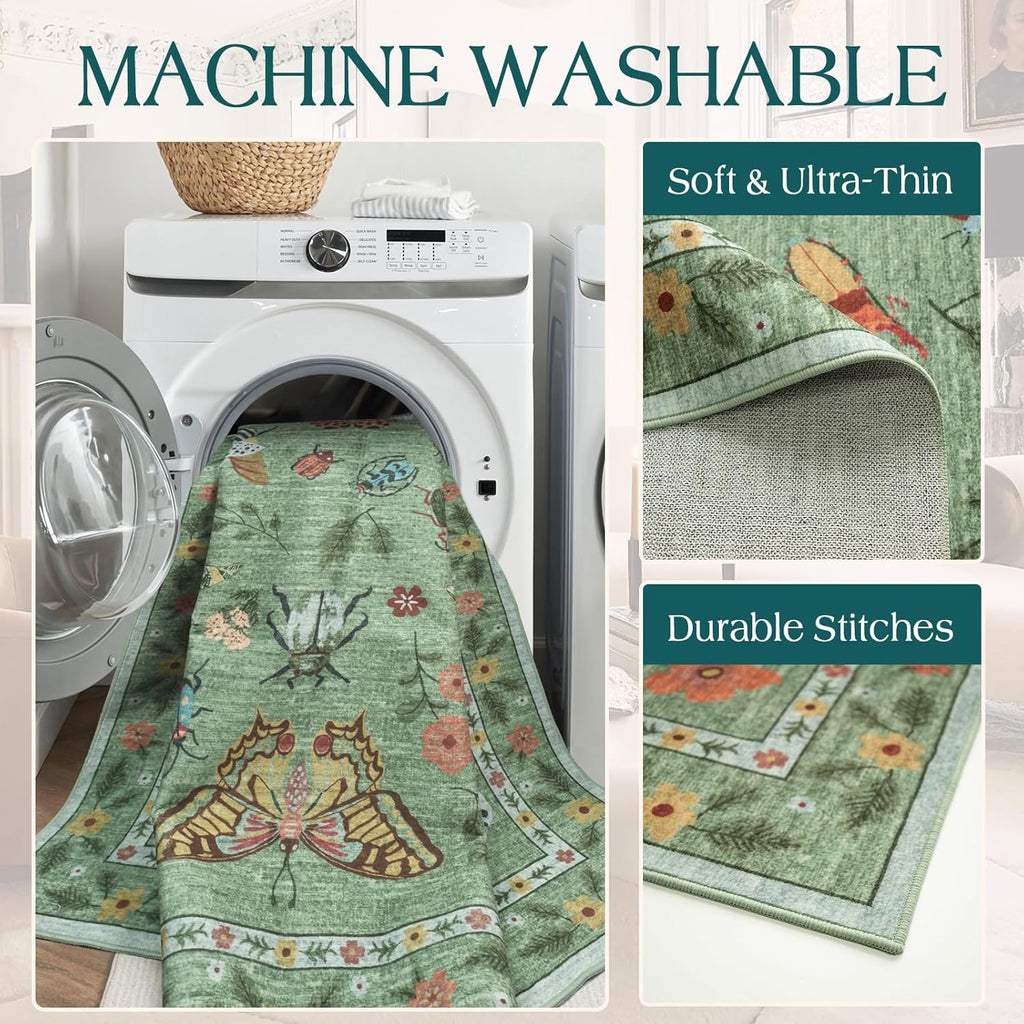 Floral 5x8 Living Room Area Rug - Sage Green Soft Washable Boho Rugs for Bedroom Aesthetic Stain Resistant Carpet Non Slip Modern Insect Print Rugs for Living Room Dining Room Kids Room Office