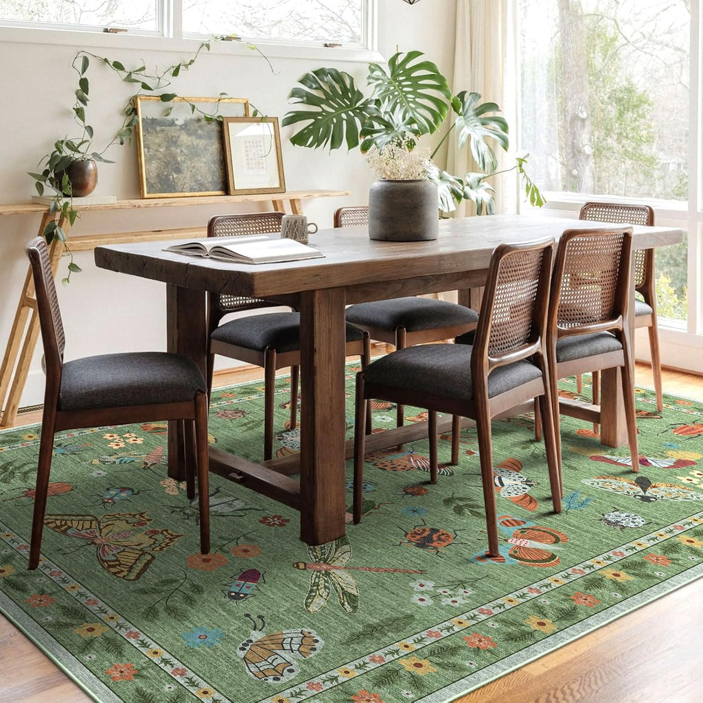 Floral 5x8 Living Room Area Rug - Sage Green Soft Washable Boho Rugs for Bedroom Aesthetic Stain Resistant Carpet Non Slip Modern Insect Print Rugs for Living Room Dining Room Kids Room Office