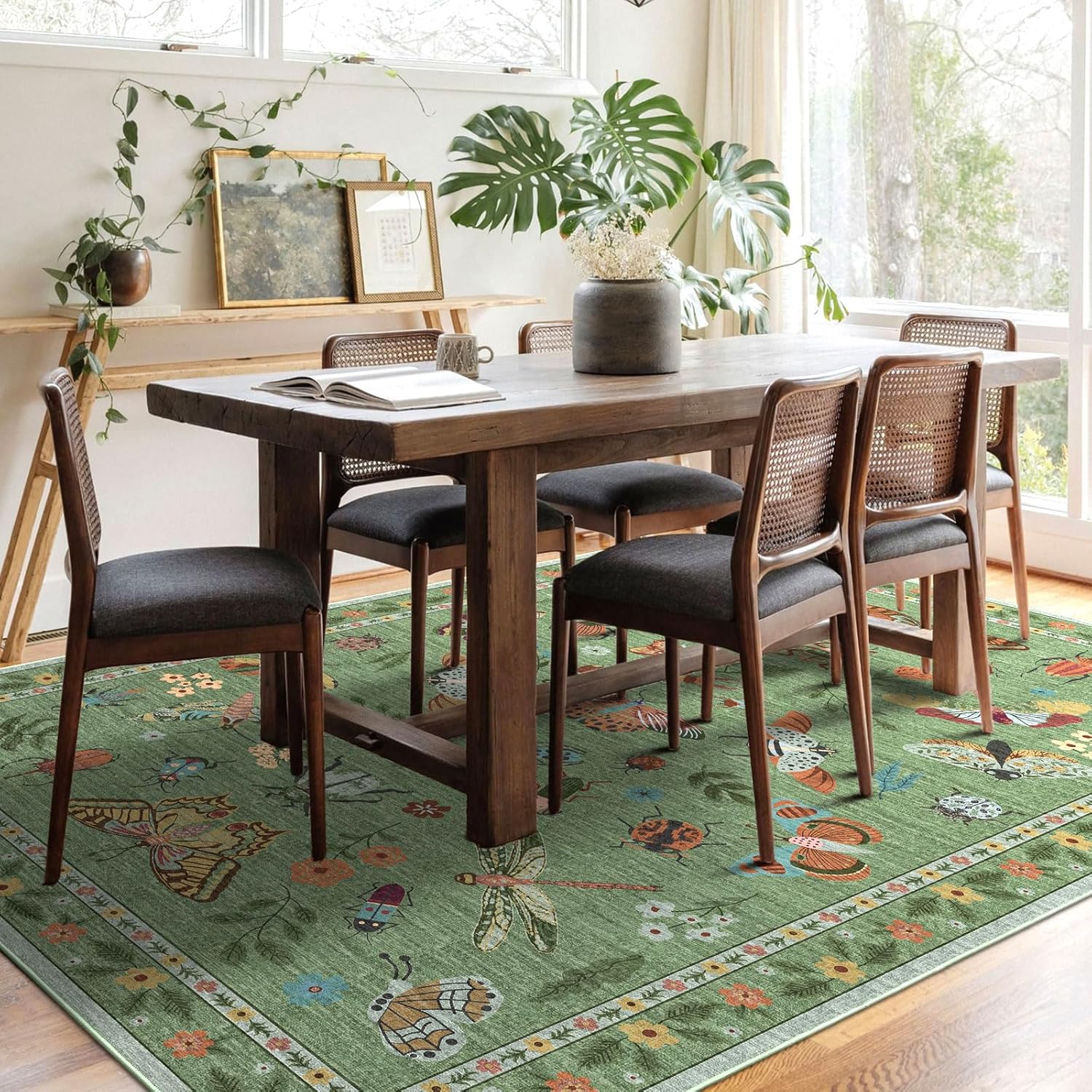 Floral 5x8 Living Room Area Rug - Sage Green Soft Washable Boho Rugs for Bedroom Aesthetic Stain Resistant Carpet Non Slip Modern Insect Print Rugs for Living Room Dining Room Kids Room Office