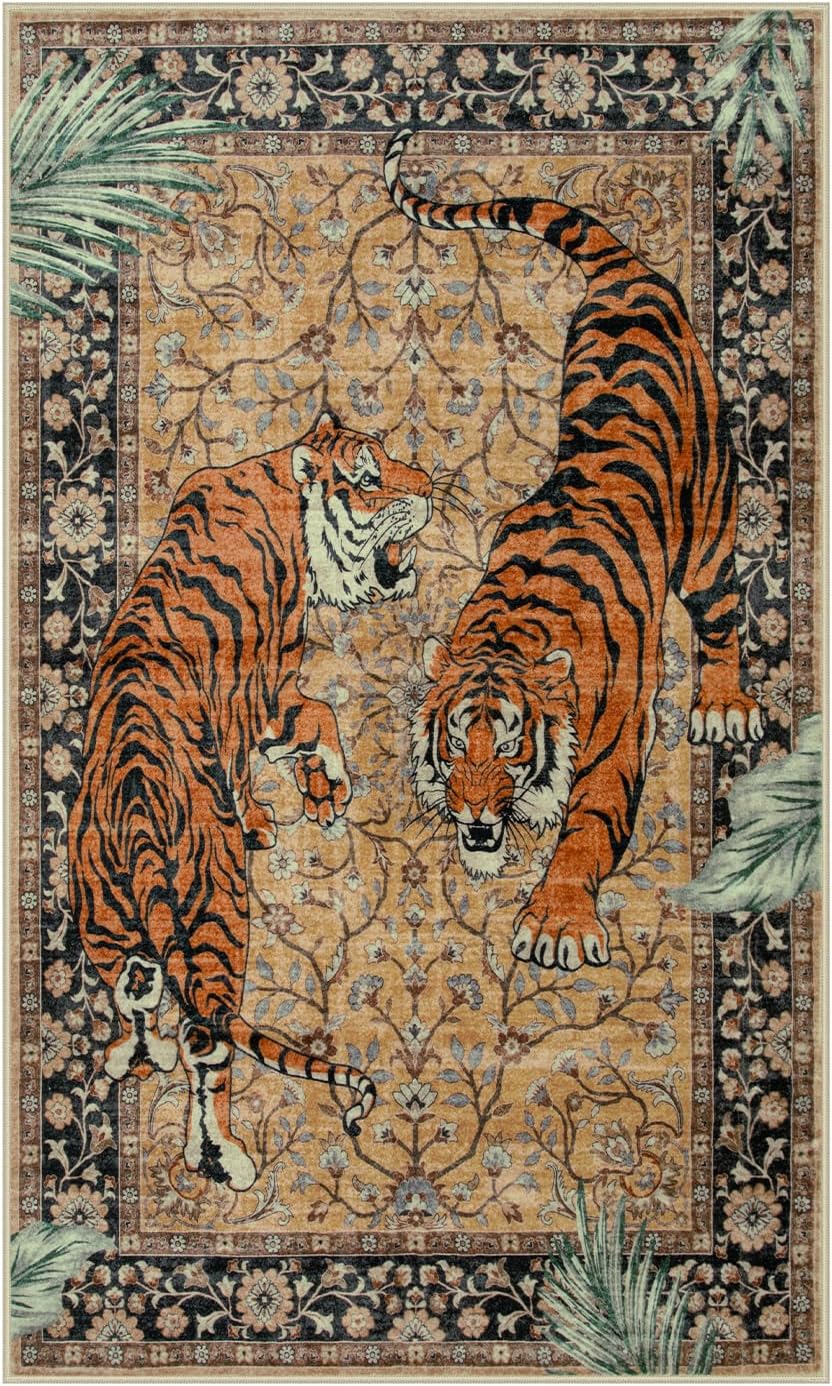 Moynesa Tiger 5x7 Area Rugs, Boho Washable Rugs for Living Room, Vintage Soft Dining Room Rug, Non Slip Ultra Thin Stain Resistant Large Floor Carpet for Office Bedroom, Camel
