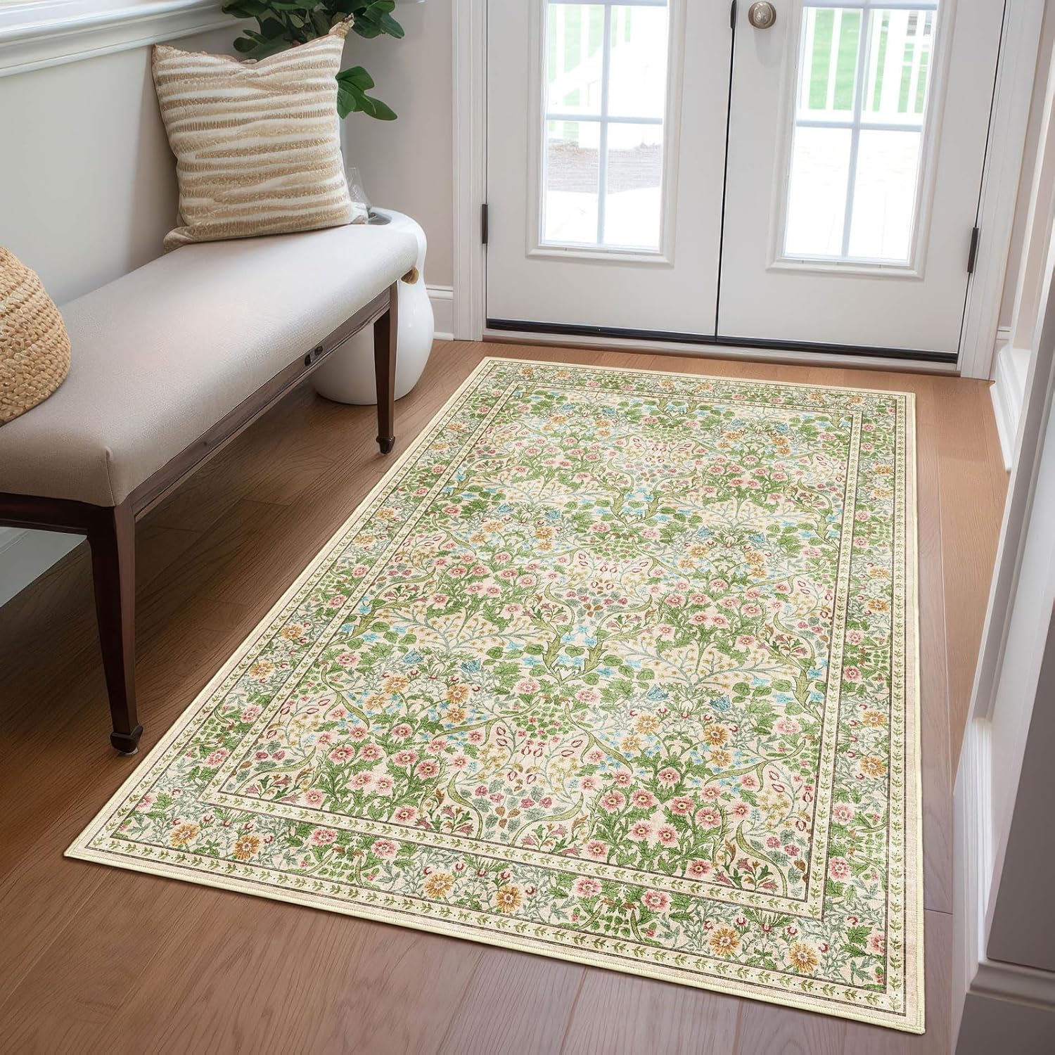 Floral 5x8 Living Room Area Rug - Sage Green Soft Washable Boho Rugs for Bedroom Aesthetic Stain Resistant Carpet Non Slip Modern Insect Print Rugs for Living Room Dining Room Kids Room Office