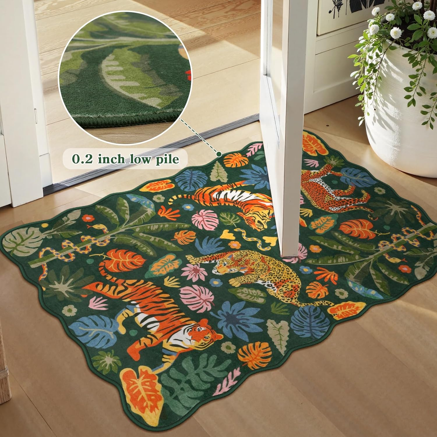 LEEVAN 5x7 Animal Area Rugs Washable Green Tiger Living Room Rugs Non Slip Scalloped Tiger Bedroom Rug Low Pile Leopard Nursery Floor Carpet Jungle Leaf Print Kids Rug