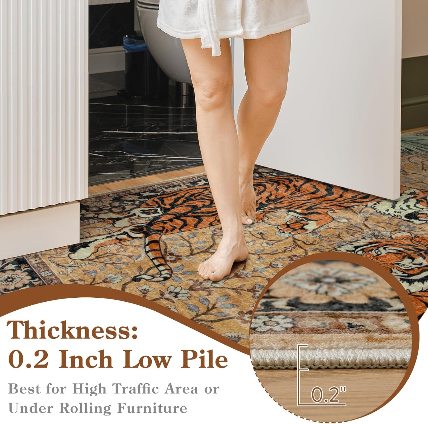 Moynesa Tiger 5x7 Area Rugs, Boho Washable Rugs for Living Room, Vintage Soft Dining Room Rug, Non Slip Ultra Thin Stain Resistant Large Floor Carpet for Office Bedroom, Camel