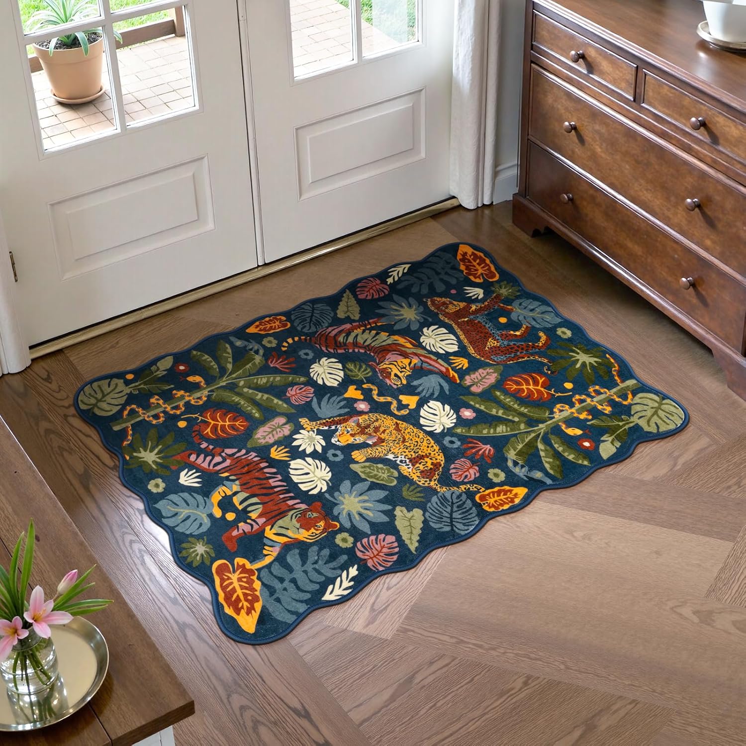 LEEVAN 5x7 Animal Area Rugs Washable Green Tiger Living Room Rugs Non Slip Scalloped Tiger Bedroom Rug Low Pile Leopard Nursery Floor Carpet Jungle Leaf Print Kids Rug