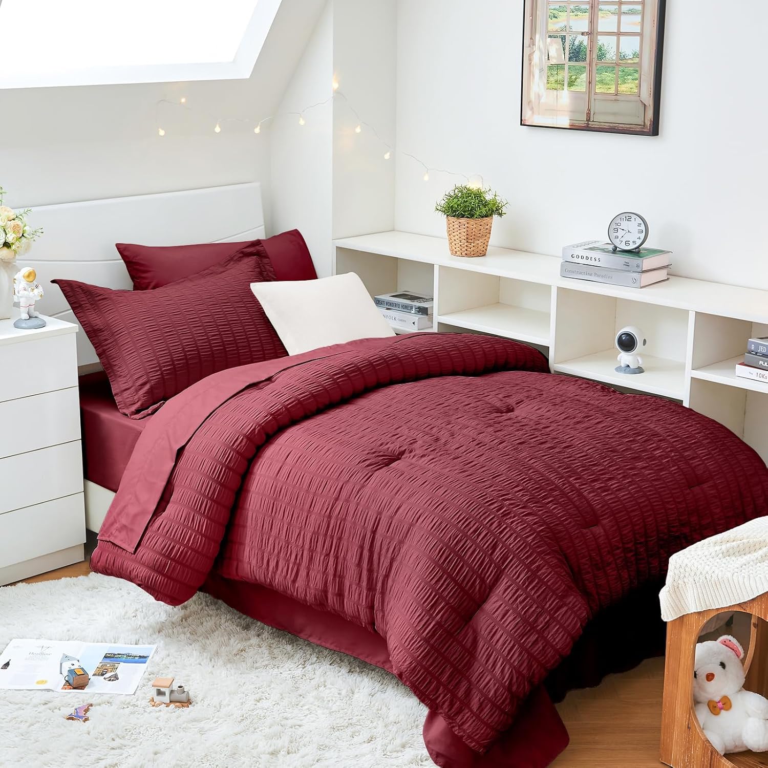 HYMOKEGE Queen Comforter Set Seersucker 7 Pieces, All Season Luxury Bed in a Bag for Bedroom, Bedding Set with Comforters, Sheets, Pillowcases & Shams, Dark Grey