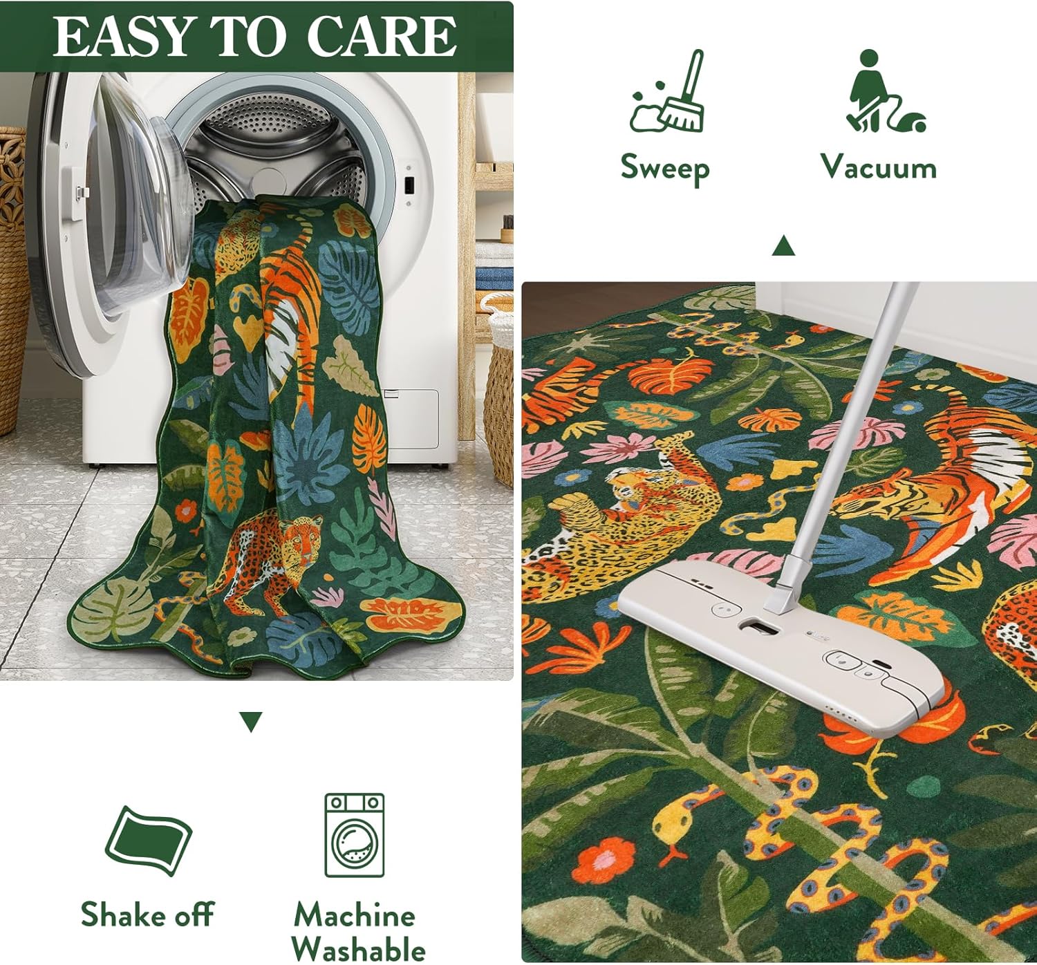 LEEVAN 5x7 Animal Area Rugs Washable Green Tiger Living Room Rugs Non Slip Scalloped Tiger Bedroom Rug Low Pile Leopard Nursery Floor Carpet Jungle Leaf Print Kids Rug