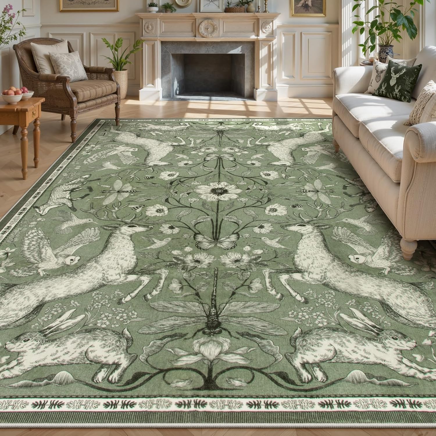Lahome Boho Animal Washable Rugs for Living Room 8x10, Green Soft Rugs for Bedroom, Botanical Large Boho Non Slip Dining Room Carpet for Under Table Office Kids Playroom (8x10ft,Green)