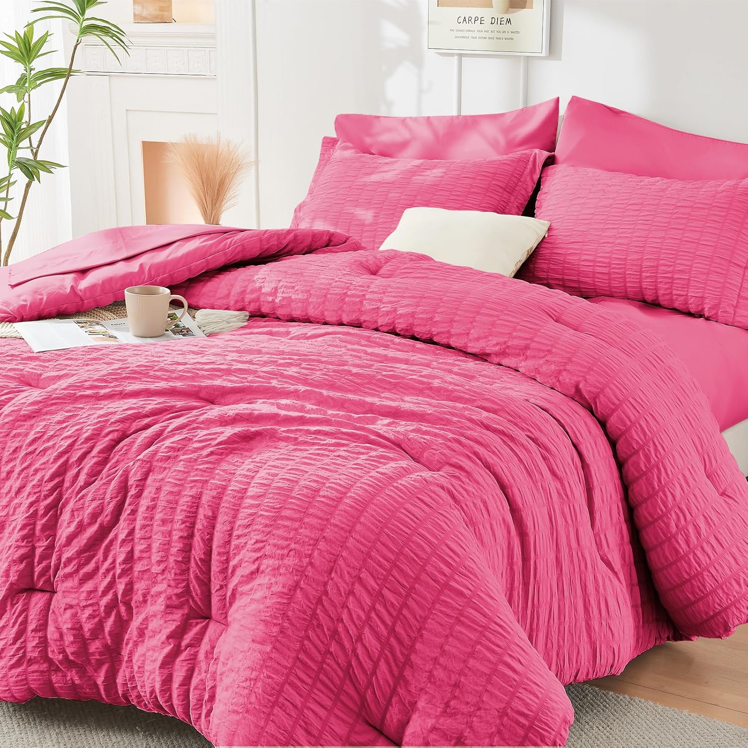 HYMOKEGE Queen Comforter Set Seersucker 7 Pieces, All Season Luxury Bed in a Bag for Bedroom, Bedding Set with Comforters, Sheets, Pillowcases & Shams, Dark Grey