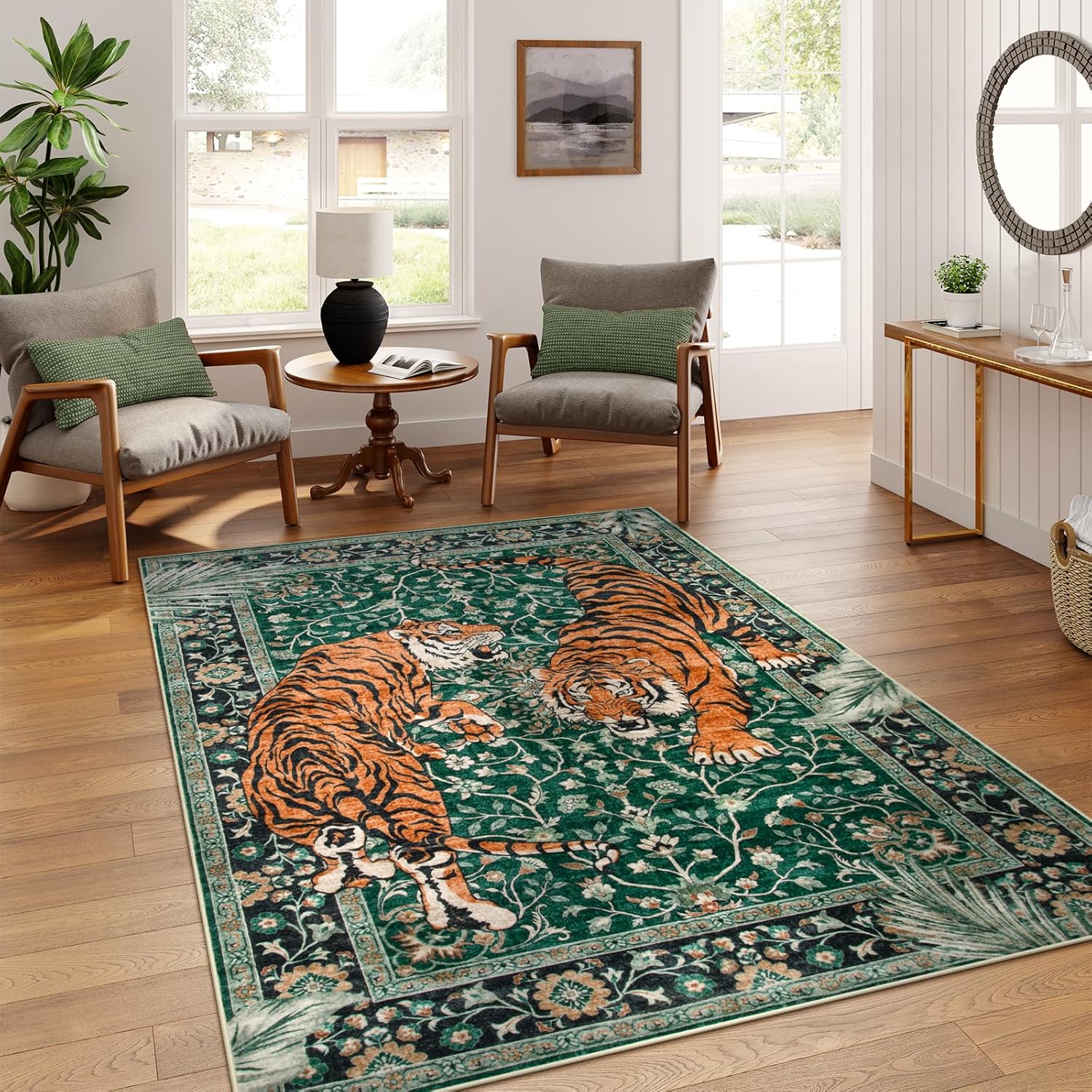 Moynesa Tiger 5x7 Area Rugs, Boho Washable Rugs for Living Room, Vintage Soft Dining Room Rug, Non Slip Ultra Thin Stain Resistant Large Floor Carpet for Office Bedroom, Camel