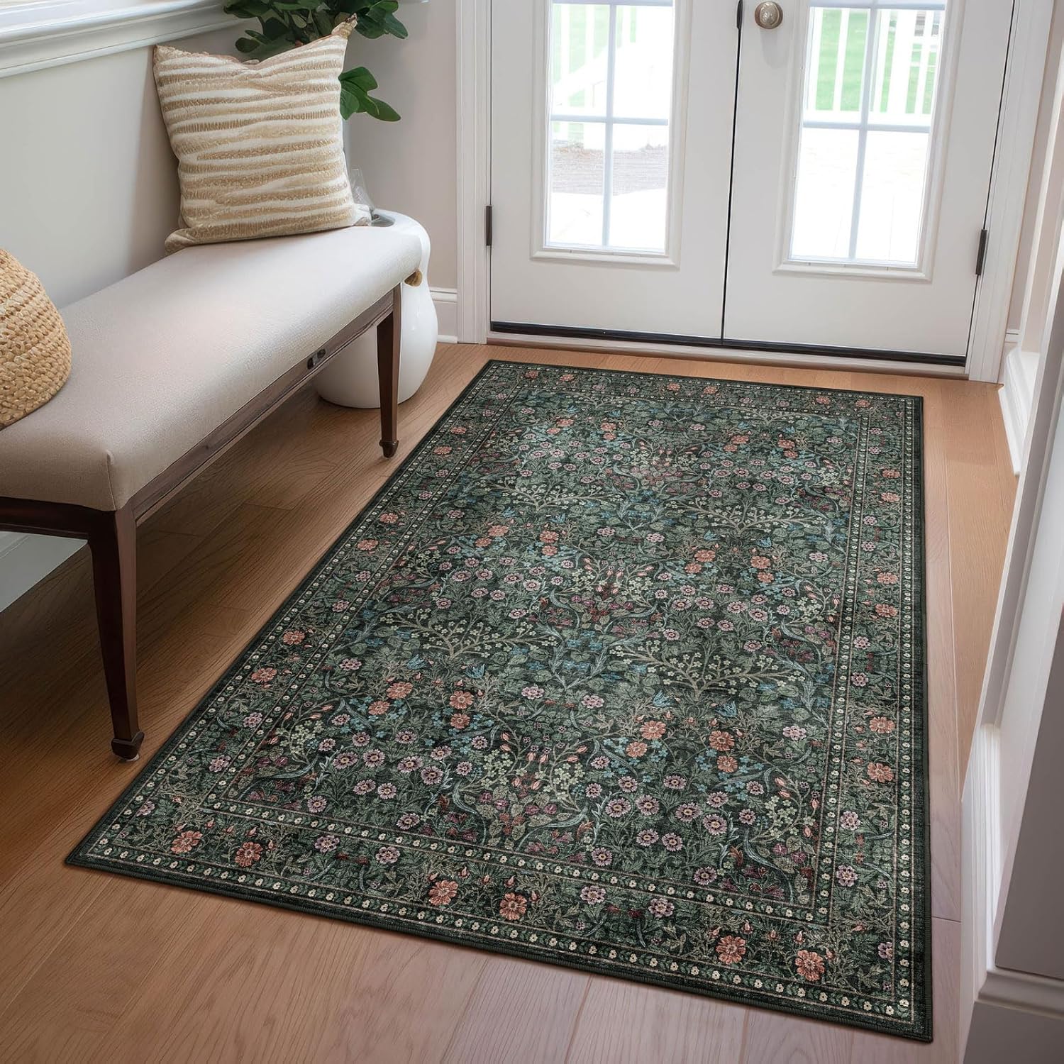 Floral 5x8 Living Room Area Rug - Sage Green Soft Washable Boho Rugs for Bedroom Aesthetic Stain Resistant Carpet Non Slip Modern Insect Print Rugs for Living Room Dining Room Kids Room Office