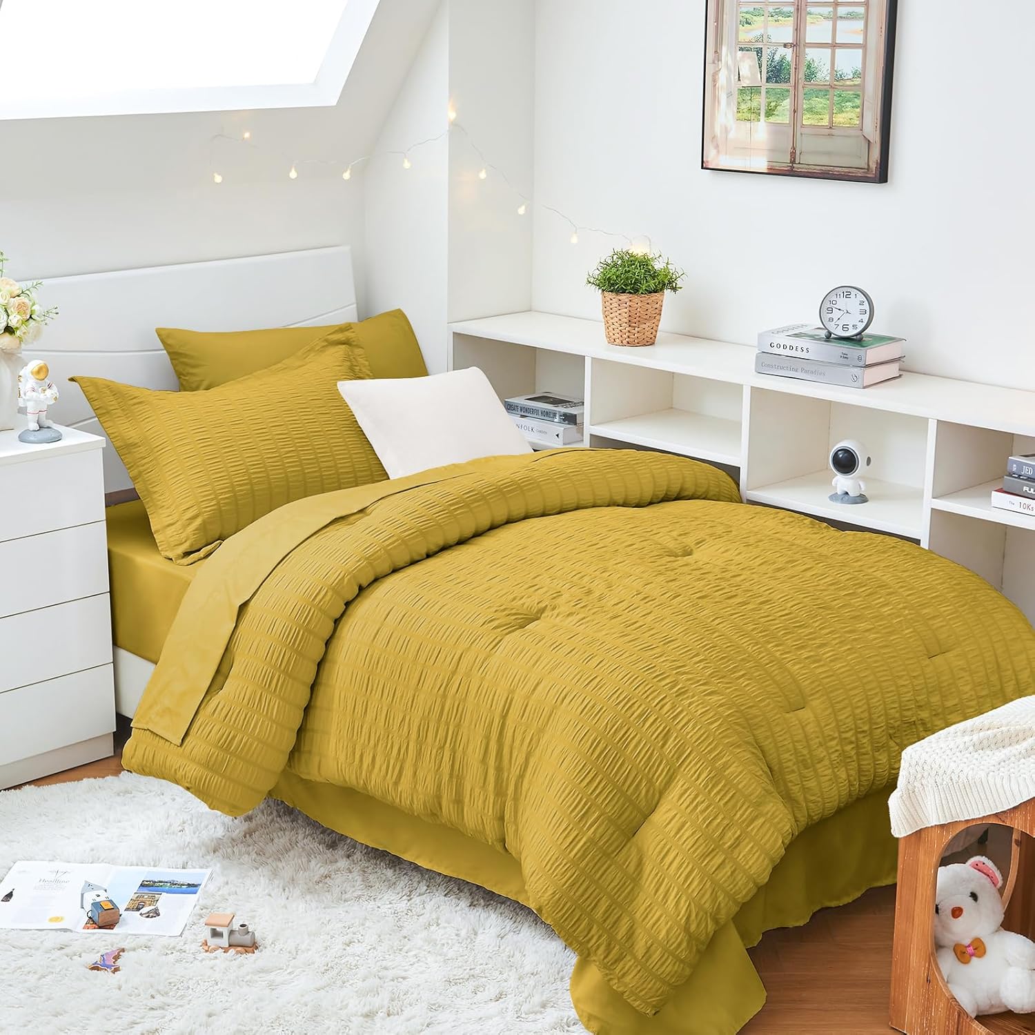 HYMOKEGE Queen Comforter Set Seersucker 7 Pieces, All Season Luxury Bed in a Bag for Bedroom, Bedding Set with Comforters, Sheets, Pillowcases & Shams, Dark Grey