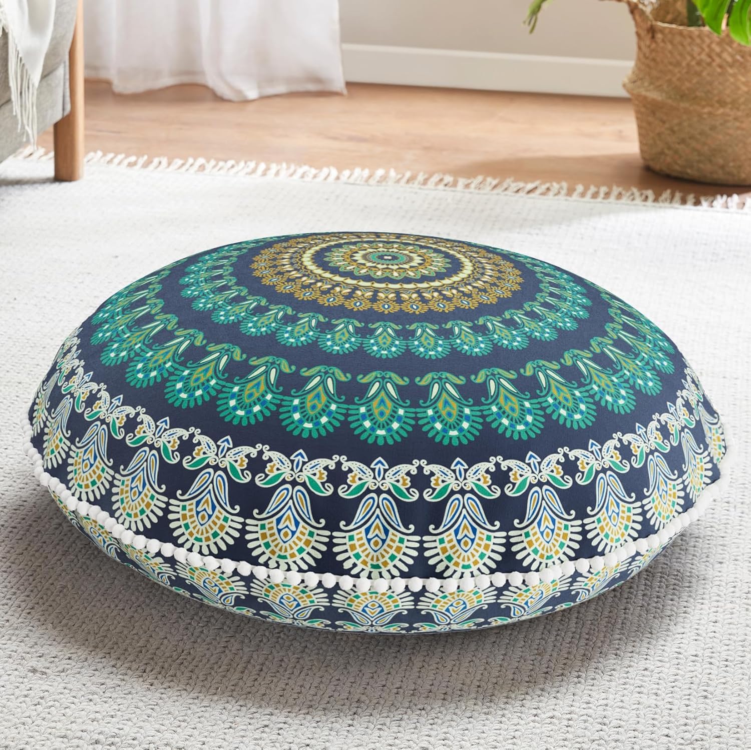 Codi Meditation Floor Pillow Set of 2, Round Large Pillows Seating for Adults, Bohemian Mandala Circle Cushion for Outdoor Fireplace Yoga Living Room, 32 Inch, Memory Foam Added, Navy
