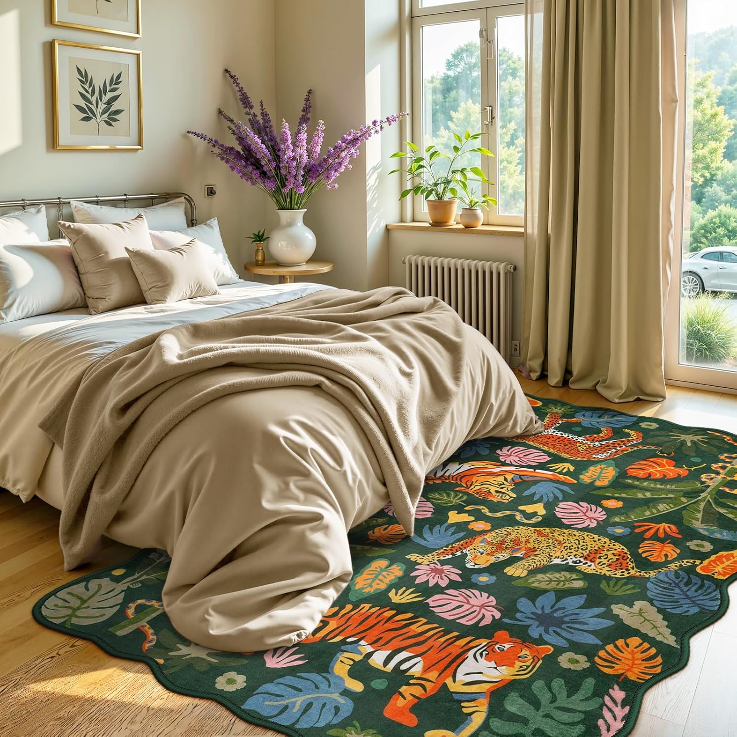 LEEVAN 5x7 Animal Area Rugs Washable Green Tiger Living Room Rugs Non Slip Scalloped Tiger Bedroom Rug Low Pile Leopard Nursery Floor Carpet Jungle Leaf Print Kids Rug