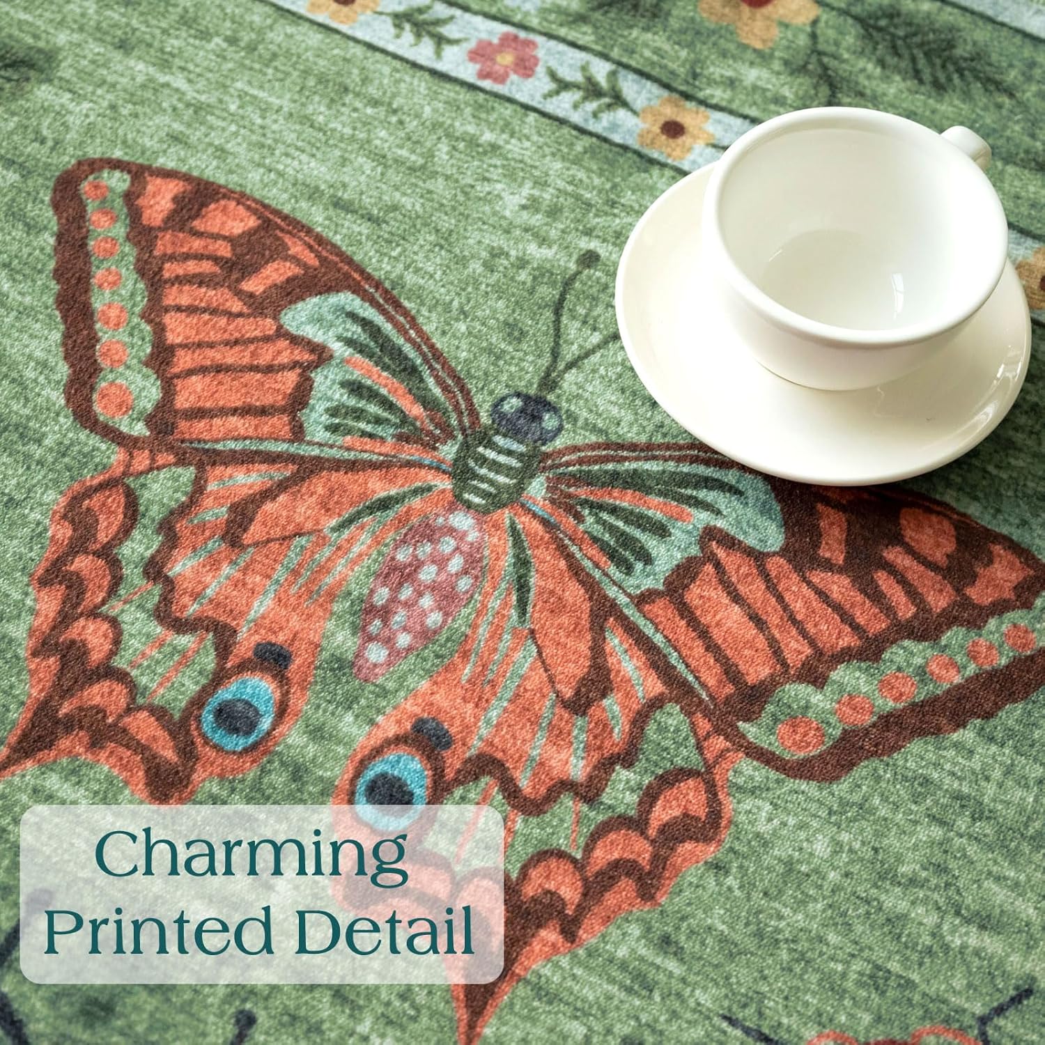 Floral 5x8 Living Room Area Rug - Sage Green Soft Washable Boho Rugs for Bedroom Aesthetic Stain Resistant Carpet Non Slip Modern Insect Print Rugs for Living Room Dining Room Kids Room Office