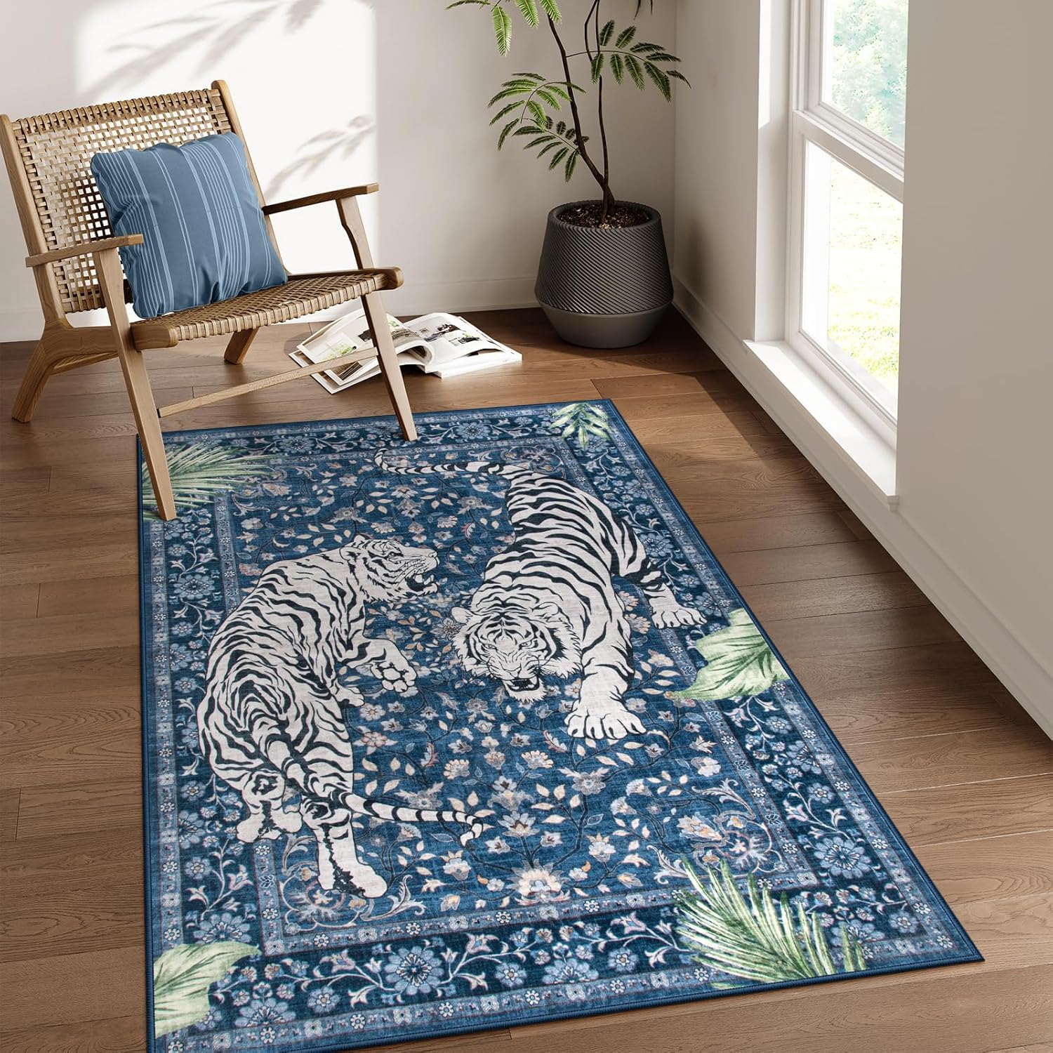 Moynesa Tiger 5x7 Area Rugs, Boho Washable Rugs for Living Room, Vintage Soft Dining Room Rug, Non Slip Ultra Thin Stain Resistant Large Floor Carpet for Office Bedroom, Camel