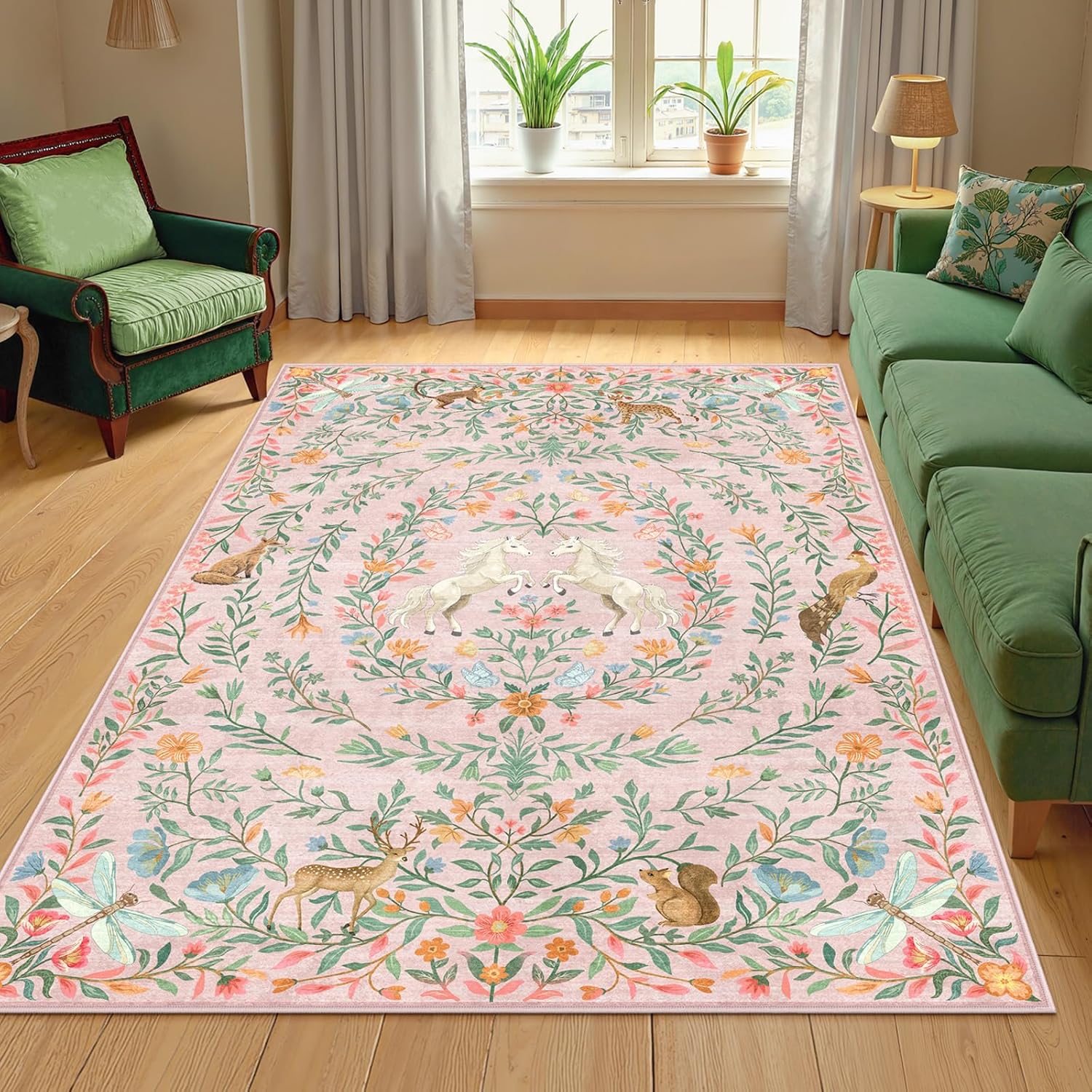 Machine Washable 5x7 Area Rugs for Living Room, Non Slip Soft Low Pile Unicorn Floral Farmhouse Moroccan Vintage Animal Playroom Girls Rugs for Bedroom, Carpet Rugs for Nurseries(Forest Green5'x7')