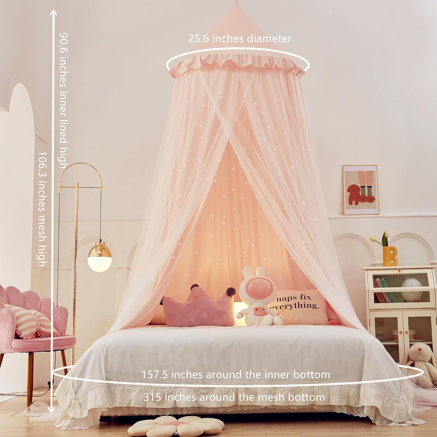 Eimilaly Princess Bed Canopy for Girls, Double Layer Canopy with Cutout Stars, Breathable Dream Canopy & Washable Pink Fabric, Fits Twin/Full Bed - Fairy Bed Tent for Kids Room Decor, Pink