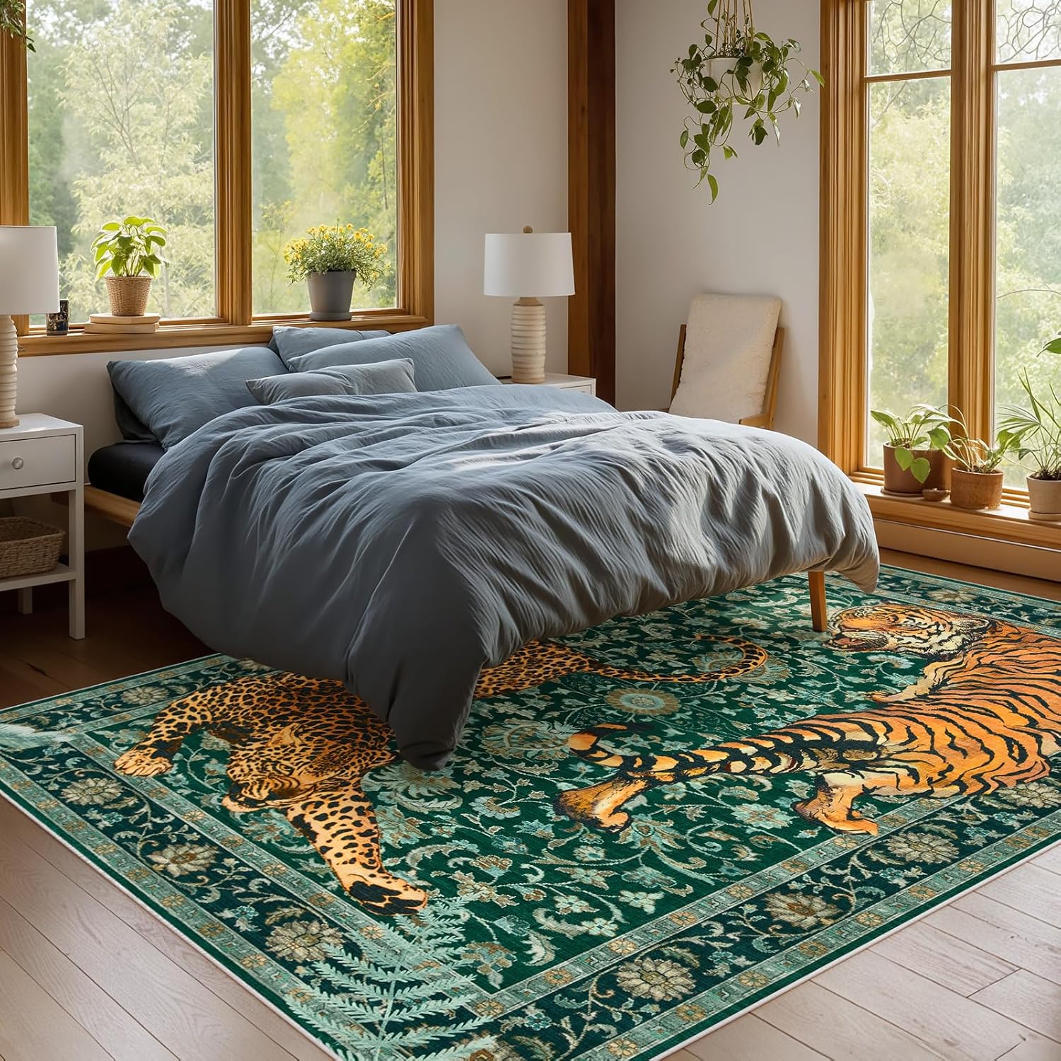 Joydeco Tiger Print Washable 8x10 Rugs for Living Room, Boho Green Cheetah Area Rugs for Bedroom Aesthetic, Large Vintage Non Slip Throw Floor Carpet for Dining Room Office Playroom Dorm