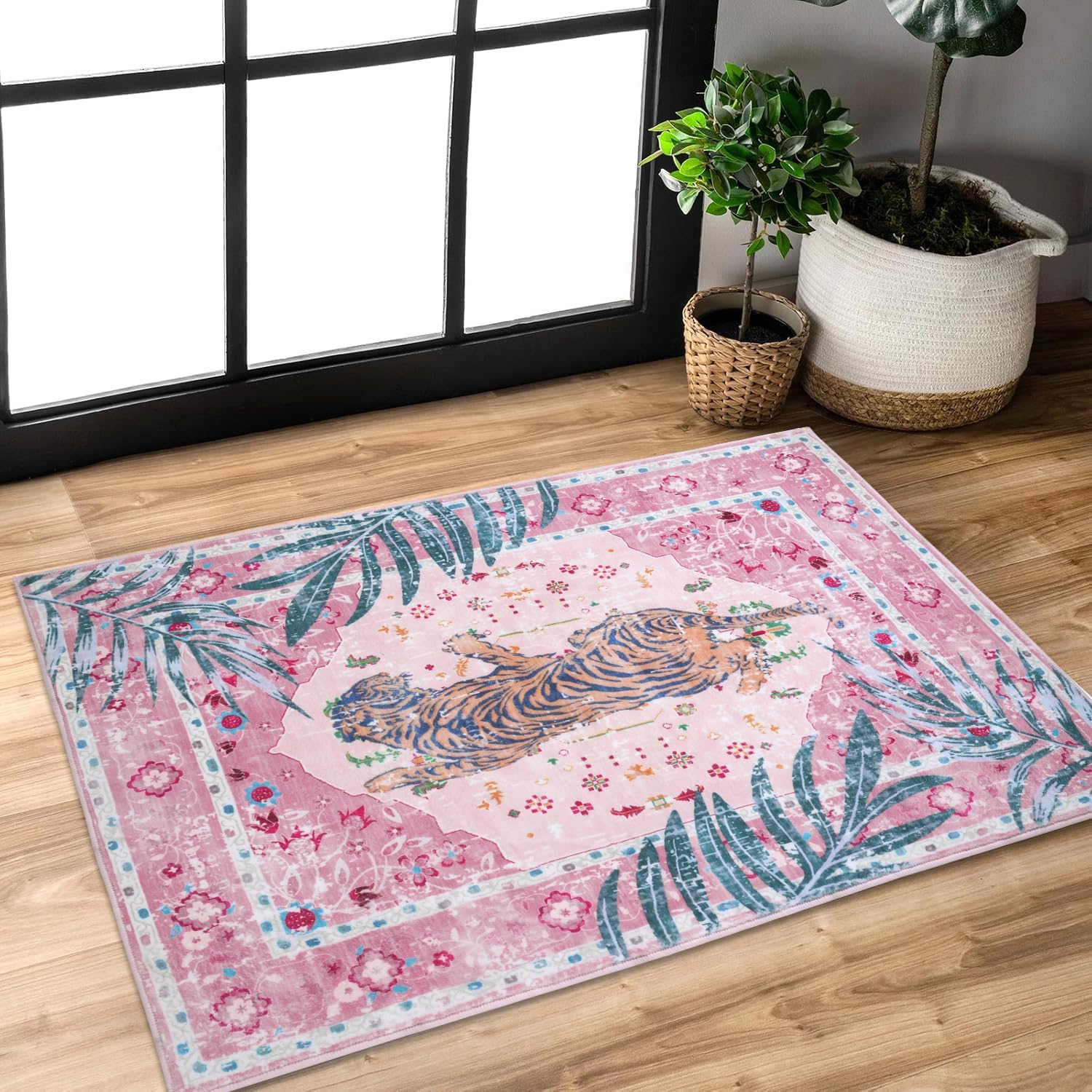 5x7 FT Leopard Rug for Living Room Pink Leopard Vintage Animal Rug Aesthetic Pink Rugs for Girls Room Nursery Bedroom Home Office Dorm Thin Bright Blush Pink Carpet (Light Pink, 5X7 FT)