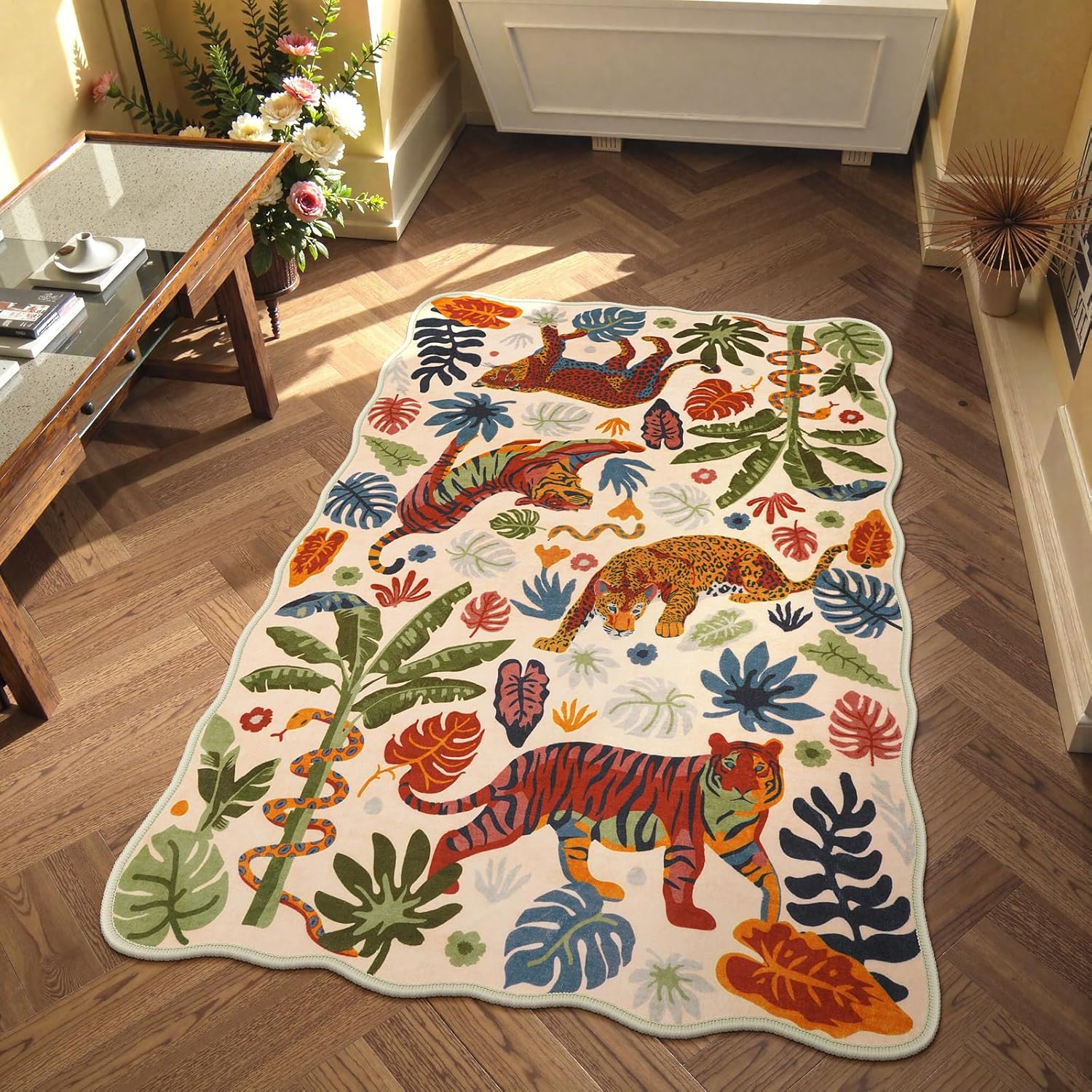 LEEVAN 5x7 Animal Area Rugs Washable Green Tiger Living Room Rugs Non Slip Scalloped Tiger Bedroom Rug Low Pile Leopard Nursery Floor Carpet Jungle Leaf Print Kids Rug