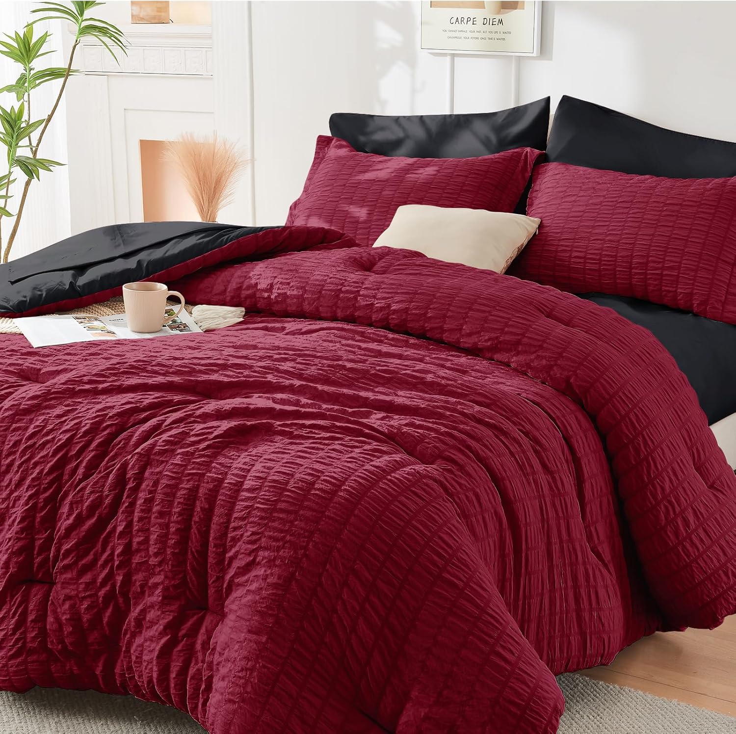 HYMOKEGE Queen Comforter Set Seersucker 7 Pieces, All Season Luxury Bed in a Bag for Bedroom, Bedding Set with Comforters, Sheets, Pillowcases & Shams, Dark Grey