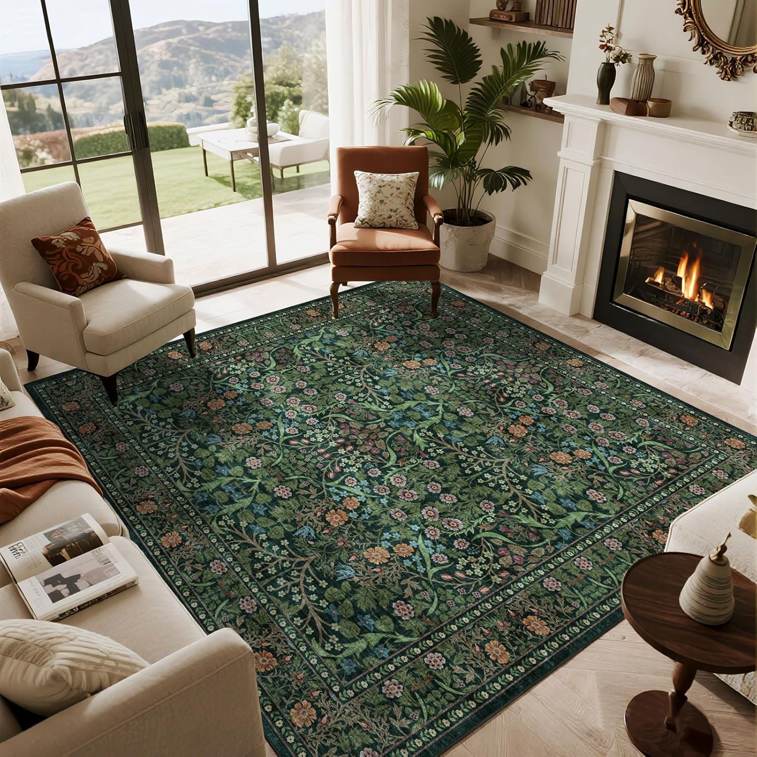 Floral 5x8 Living Room Area Rug - Sage Green Soft Washable Boho Rugs for Bedroom Aesthetic Stain Resistant Carpet Non Slip Modern Insect Print Rugs for Living Room Dining Room Kids Room Office