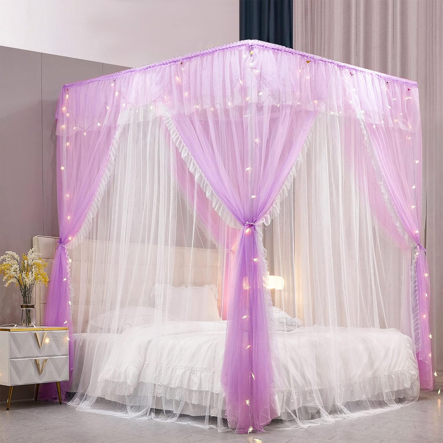 VETHIN 4 Corners Post Ruffle Princess Bed Canopy Curtain-Double Layer Cozy Drape Netting 4 Opening Mosquito Net for Girls Adults Bedroom Decoration (Pink/Whtie,64" W*82" L*82"*H/Queen)