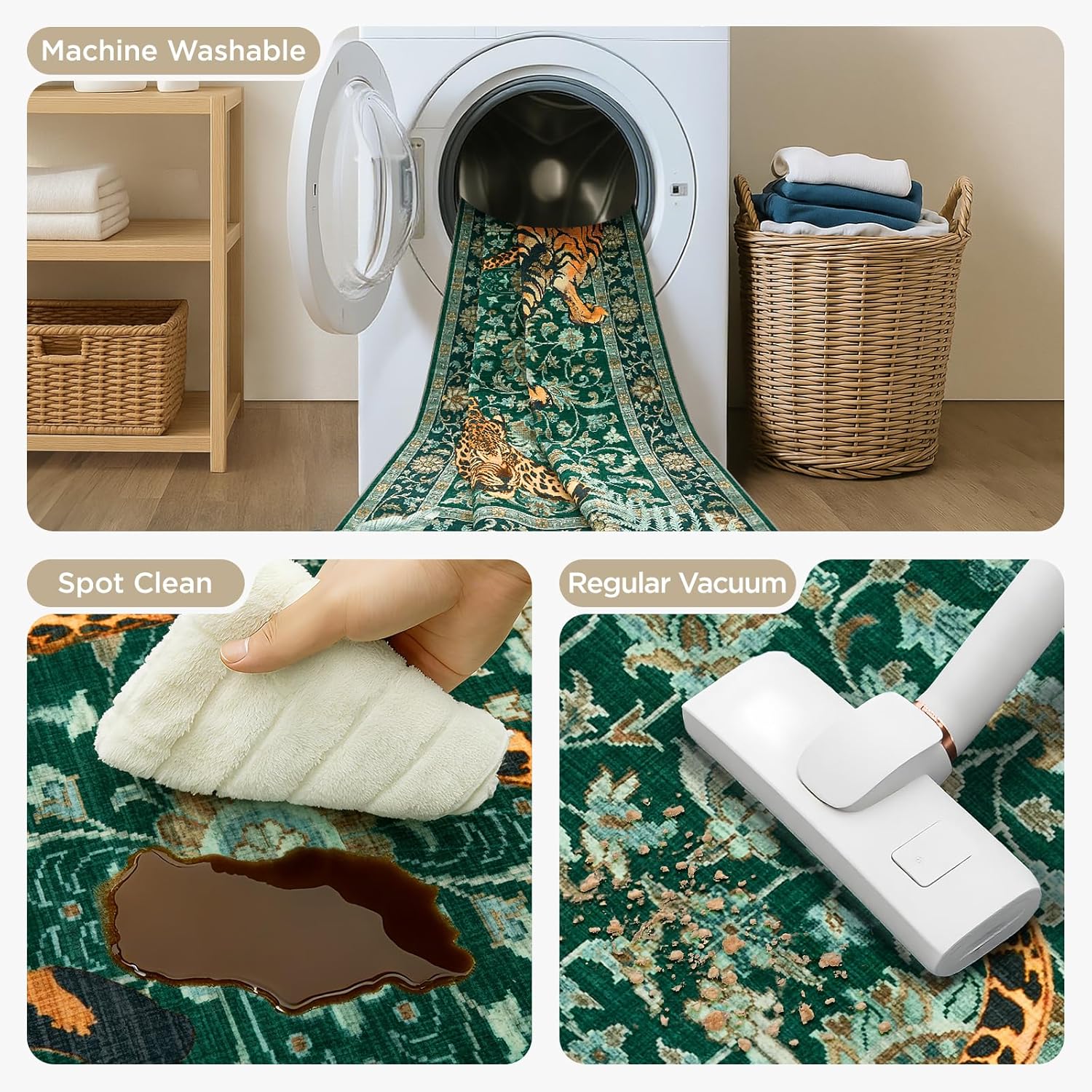 Joydeco Tiger Print Washable 8x10 Rugs for Living Room, Boho Green Cheetah Area Rugs for Bedroom Aesthetic, Large Vintage Non Slip Throw Floor Carpet for Dining Room Office Playroom Dorm