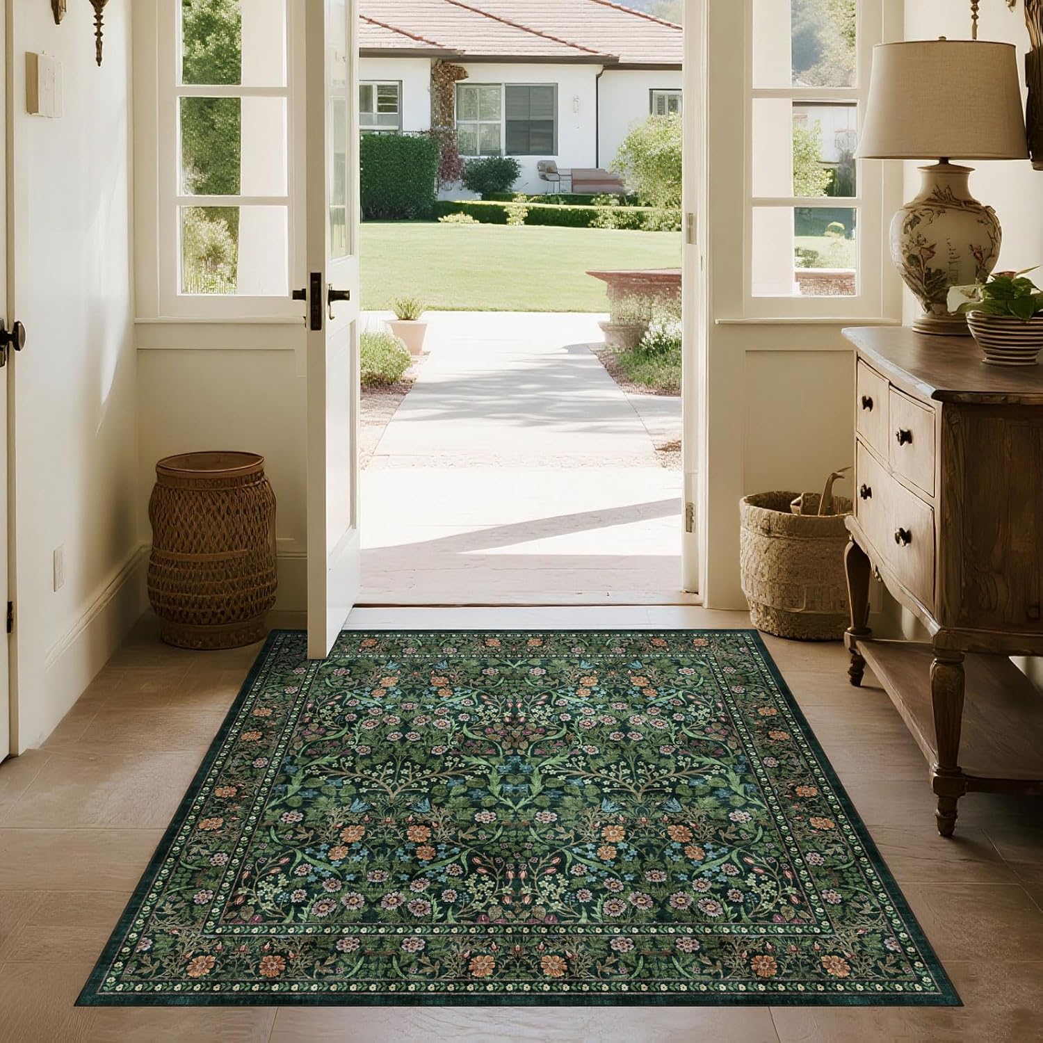 Floral 5x8 Living Room Area Rug - Sage Green Soft Washable Boho Rugs for Bedroom Aesthetic Stain Resistant Carpet Non Slip Modern Insect Print Rugs for Living Room Dining Room Kids Room Office