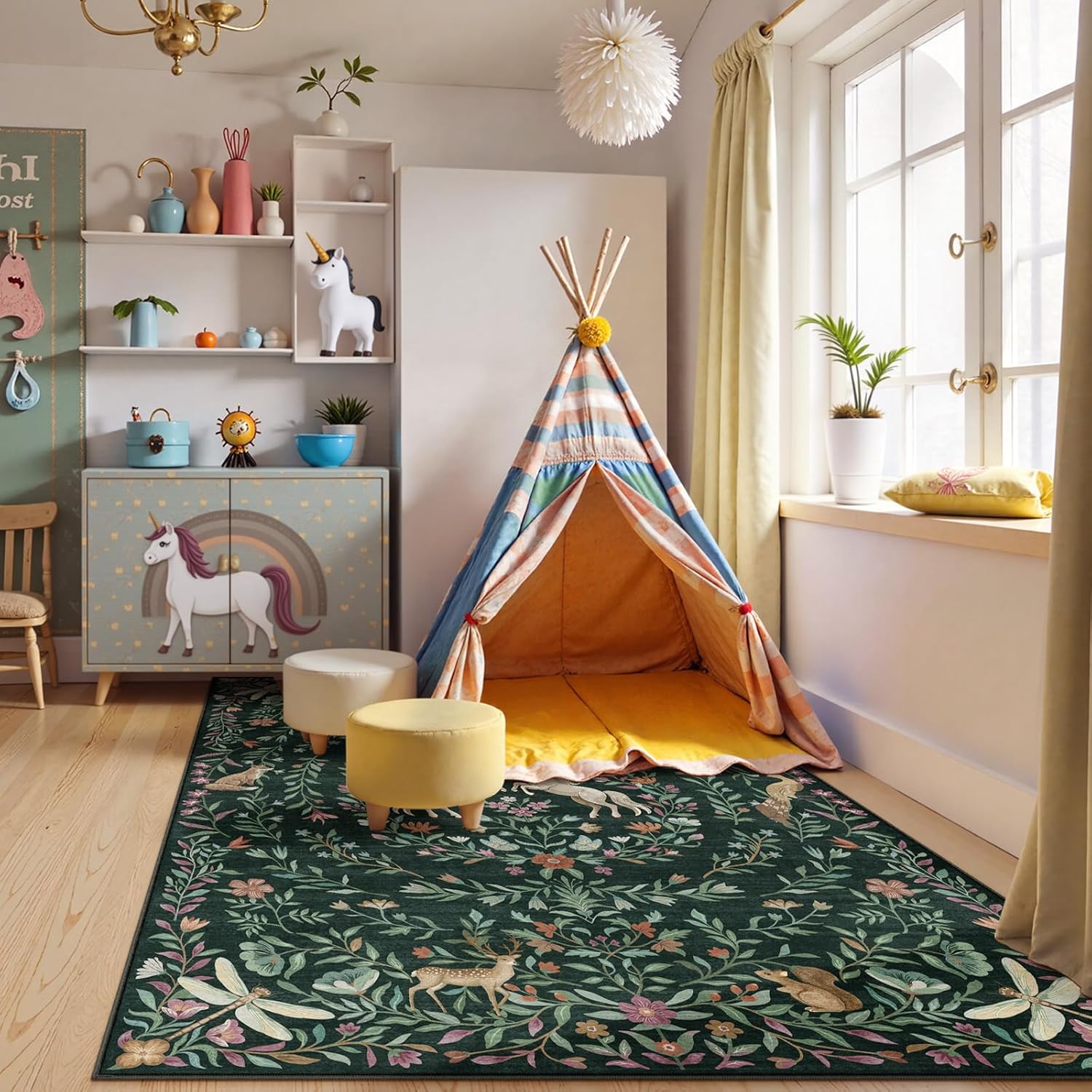 Machine Washable 5x7 Area Rugs for Living Room, Non Slip Soft Low Pile Unicorn Floral Farmhouse Moroccan Vintage Animal Playroom Girls Rugs for Bedroom, Carpet Rugs for Nurseries(Forest Green5'x7')