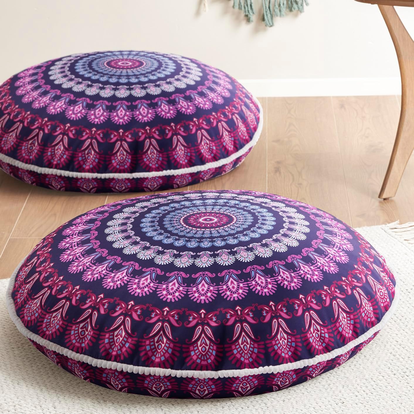Codi Meditation Floor Pillow Set of 2, Round Large Pillows Seating for Adults, Bohemian Mandala Circle Cushion for Outdoor Fireplace Yoga Living Room, 32 Inch, Memory Foam Added, Navy