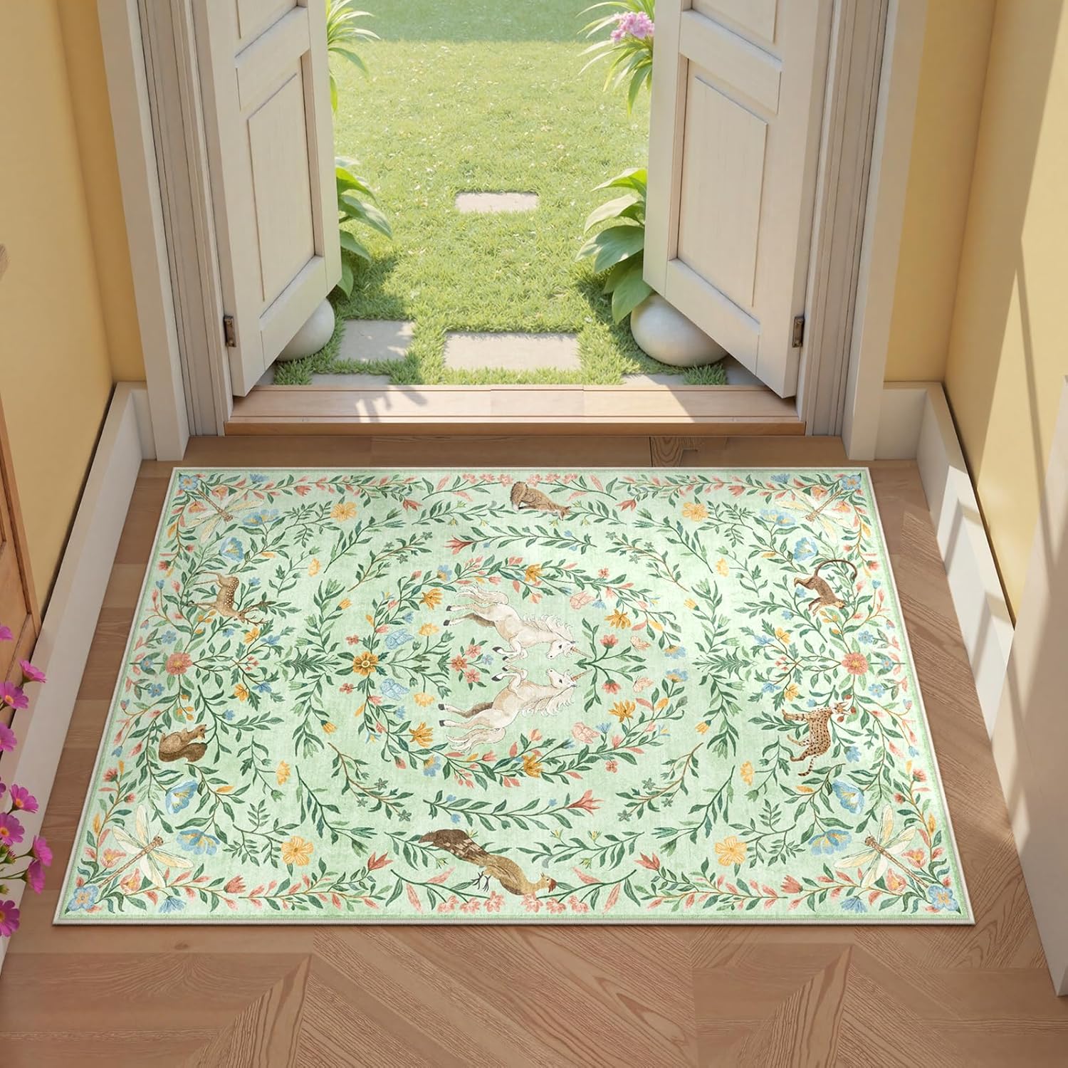 Machine Washable 5x7 Area Rugs for Living Room, Non Slip Soft Low Pile Unicorn Floral Farmhouse Moroccan Vintage Animal Playroom Girls Rugs for Bedroom, Carpet Rugs for Nurseries(Forest Green5'x7')