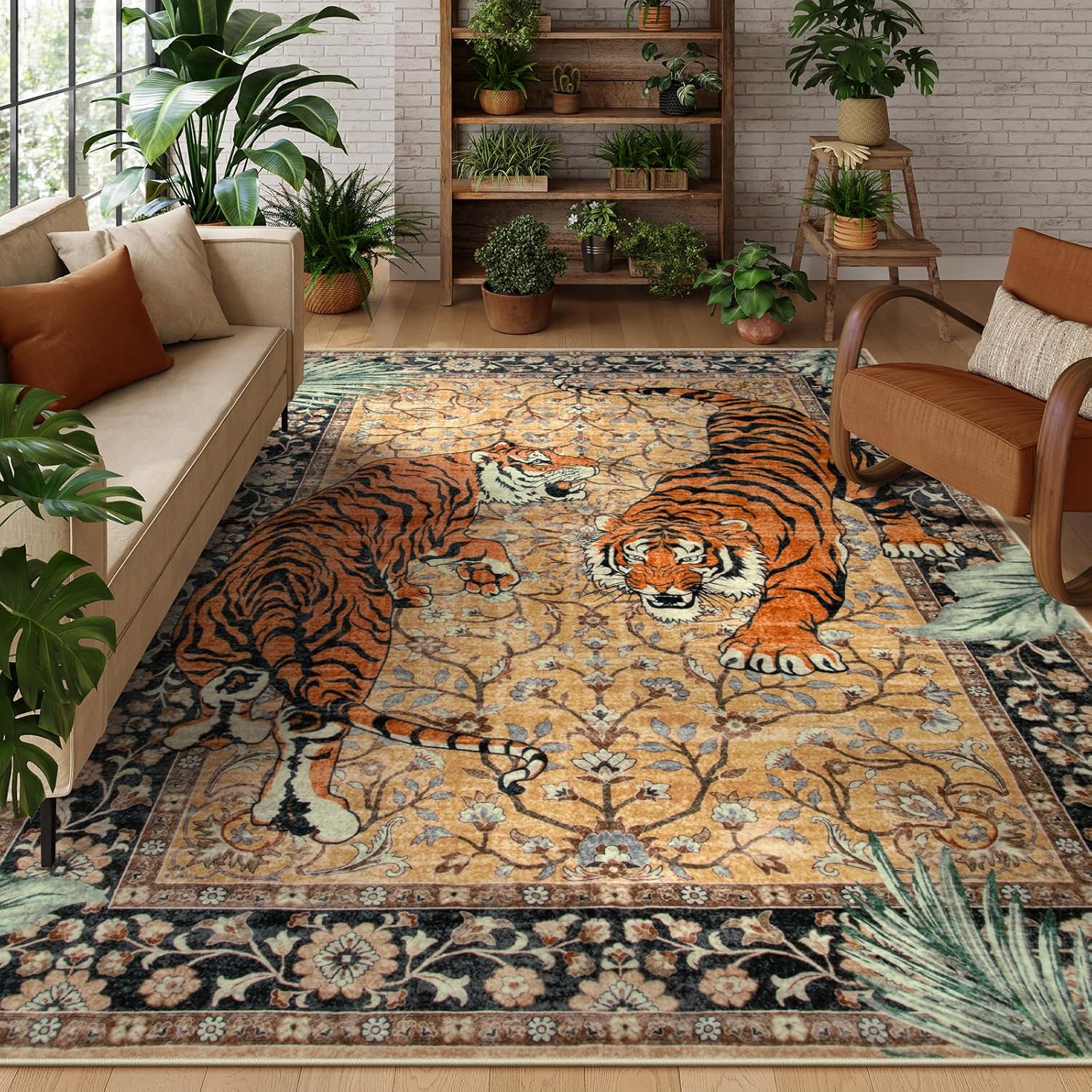 Moynesa Tiger 5x7 Area Rugs, Boho Washable Rugs for Living Room, Vintage Soft Dining Room Rug, Non Slip Ultra Thin Stain Resistant Large Floor Carpet for Office Bedroom, Camel
