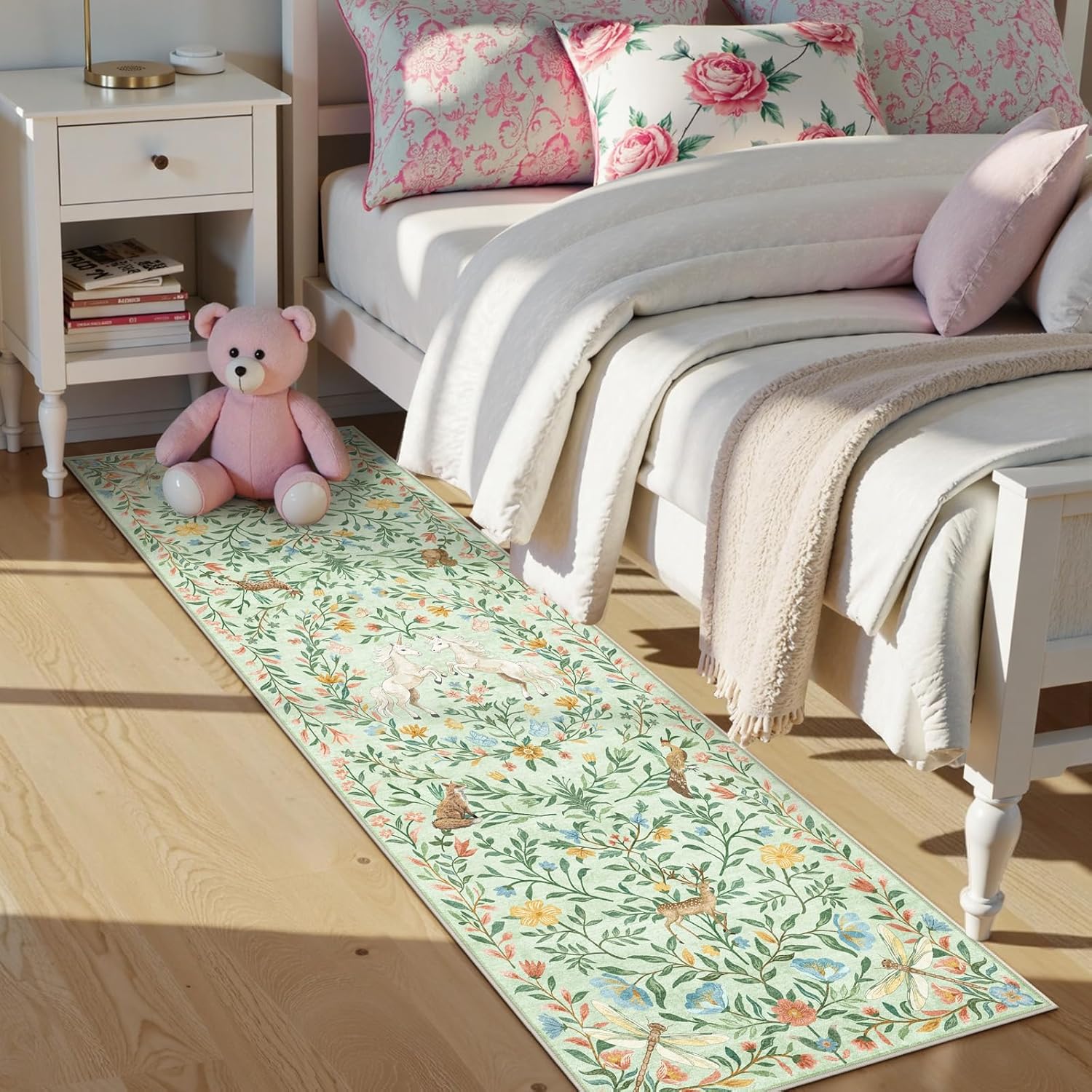 Machine Washable 5x7 Area Rugs for Living Room, Non Slip Soft Low Pile Unicorn Floral Farmhouse Moroccan Vintage Animal Playroom Girls Rugs for Bedroom, Carpet Rugs for Nurseries(Forest Green5'x7')
