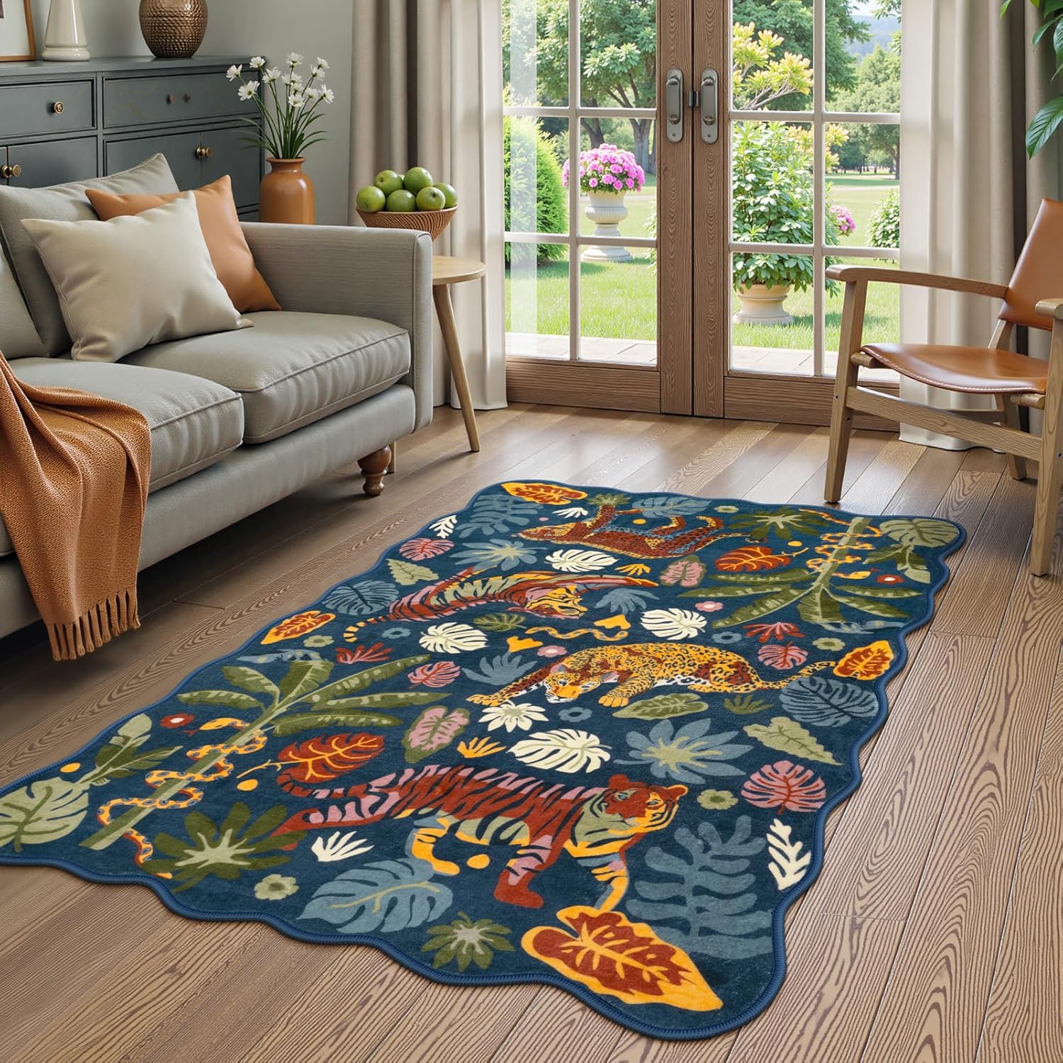 LEEVAN 5x7 Animal Area Rugs Washable Green Tiger Living Room Rugs Non Slip Scalloped Tiger Bedroom Rug Low Pile Leopard Nursery Floor Carpet Jungle Leaf Print Kids Rug