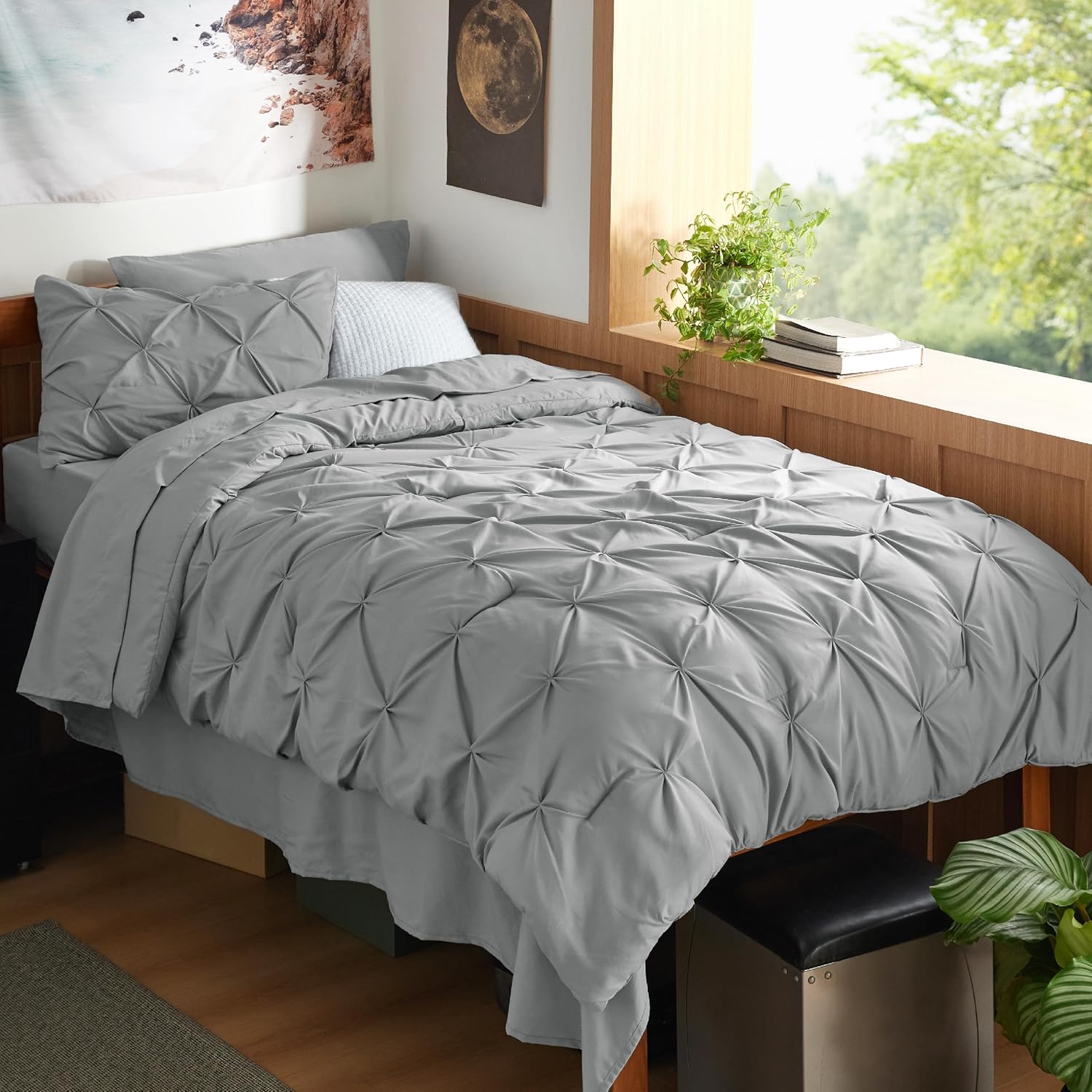 Bedsure King Size Comforter Set - Bedding Sets King 7 Pieces, Pintuck Bed in a Bag Grey Bed Set with Comforter, Sheets, Pillowcases & Shams