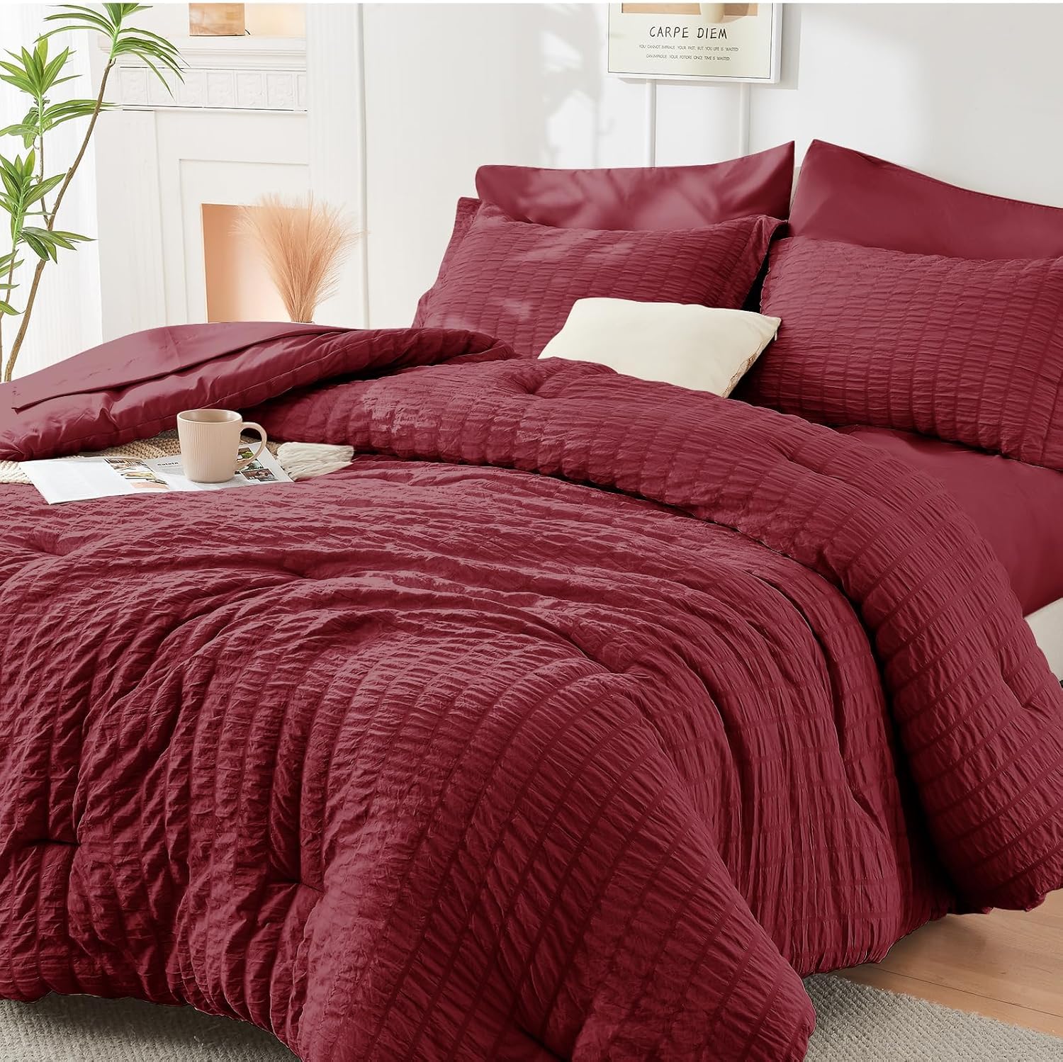 HYMOKEGE Queen Comforter Set Seersucker 7 Pieces, All Season Luxury Bed in a Bag for Bedroom, Bedding Set with Comforters, Sheets, Pillowcases & Shams, Dark Grey