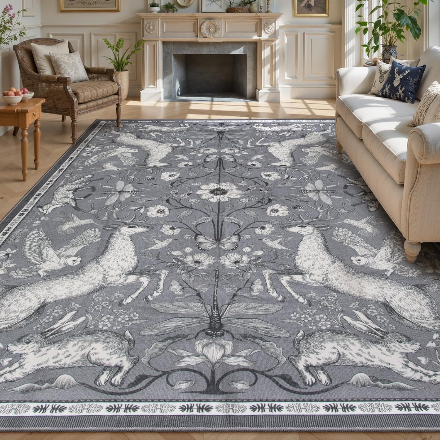 Lahome Boho Animal Washable Rugs for Living Room 8x10, Green Soft Rugs for Bedroom, Botanical Large Boho Non Slip Dining Room Carpet for Under Table Office Kids Playroom (8x10ft,Green)