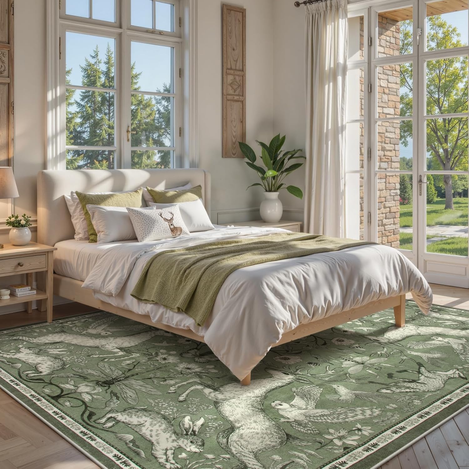 Lahome Boho Animal Washable Rugs for Living Room 8x10, Green Soft Rugs for Bedroom, Botanical Large Boho Non Slip Dining Room Carpet for Under Table Office Kids Playroom (8x10ft,Green)