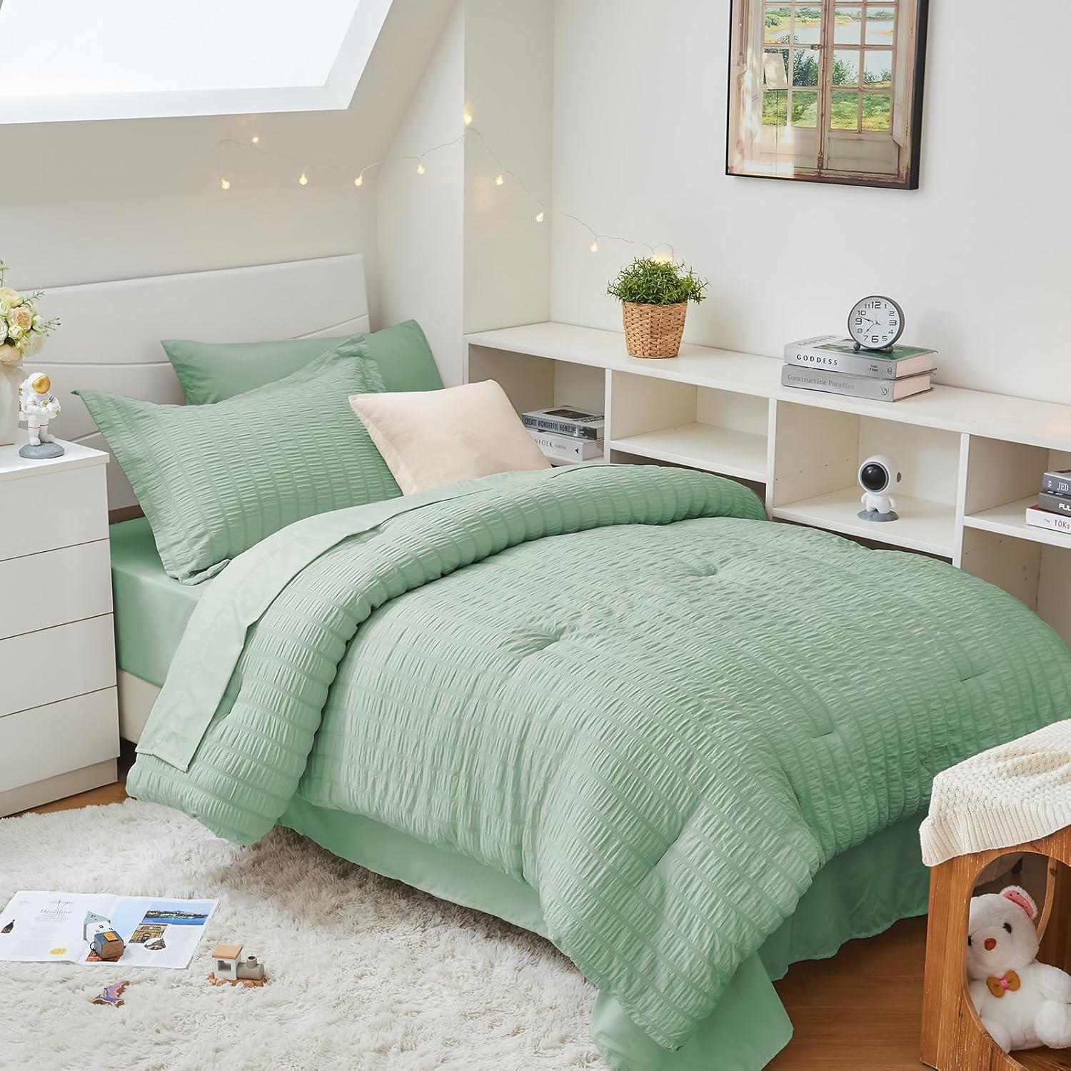 HYMOKEGE Queen Comforter Set Seersucker 7 Pieces, All Season Luxury Bed in a Bag for Bedroom, Bedding Set with Comforters, Sheets, Pillowcases & Shams, Dark Grey