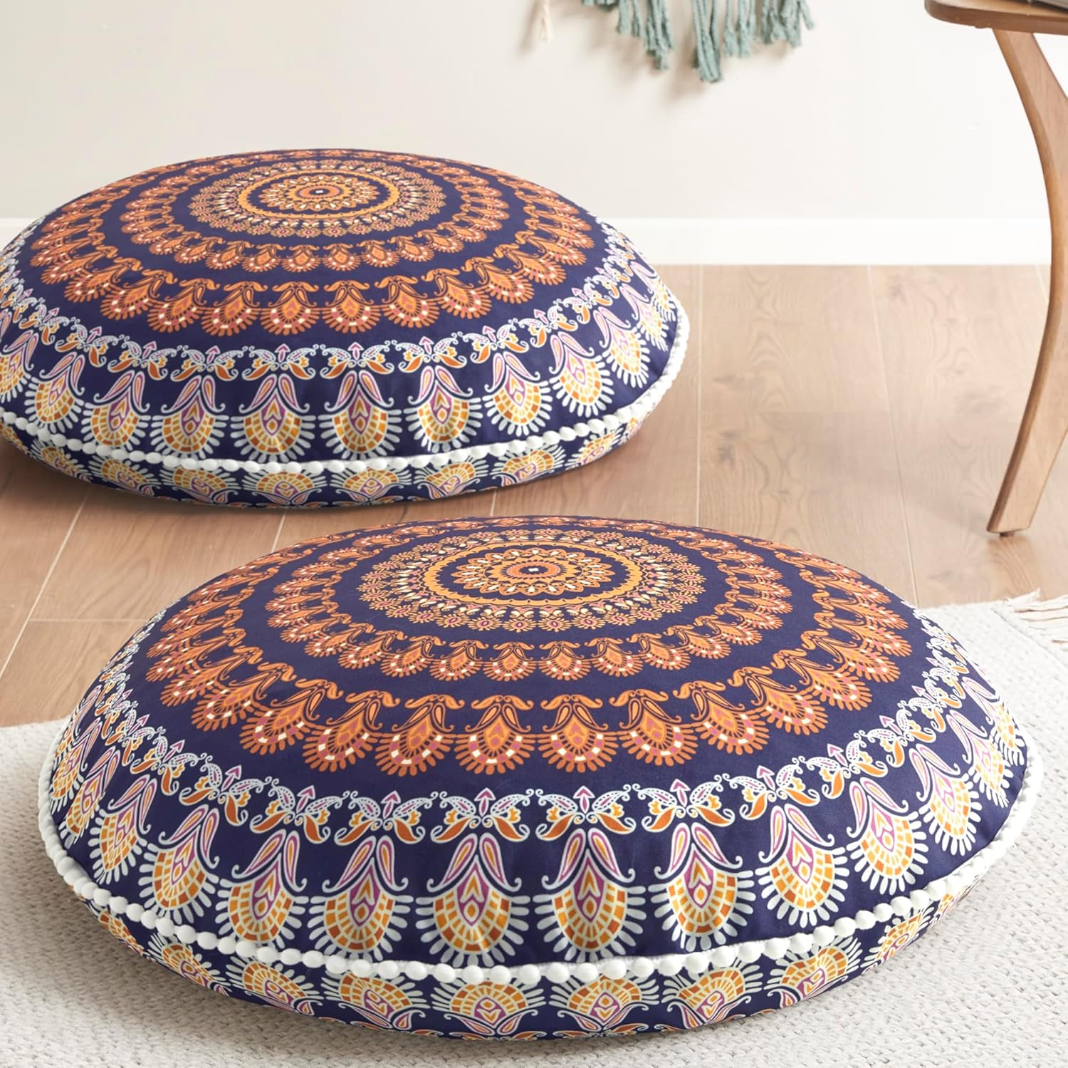 Codi Meditation Floor Pillow Set of 2, Round Large Pillows Seating for Adults, Bohemian Mandala Circle Cushion for Outdoor Fireplace Yoga Living Room, 32 Inch, Memory Foam Added, Navy