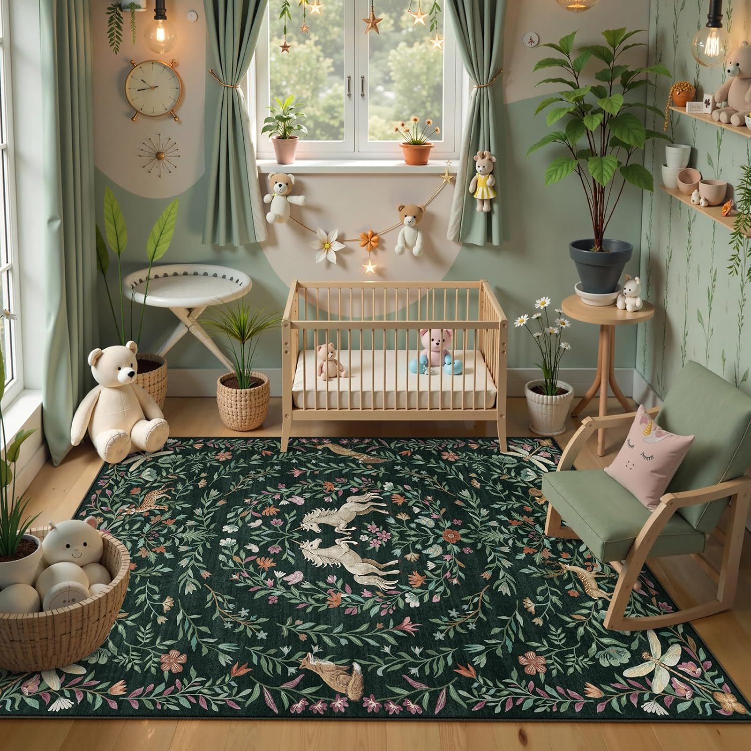 Machine Washable 5x7 Area Rugs for Living Room, Non Slip Soft Low Pile Unicorn Floral Farmhouse Moroccan Vintage Animal Playroom Girls Rugs for Bedroom, Carpet Rugs for Nurseries(Forest Green5'x7')