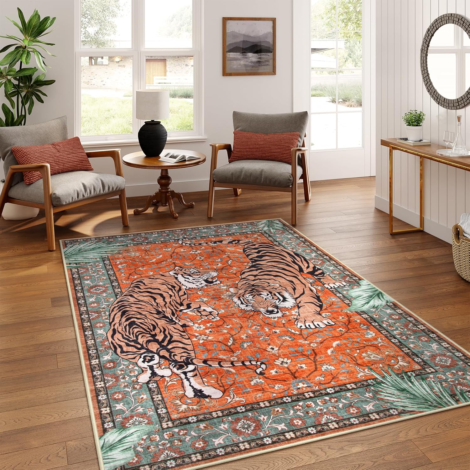 Moynesa Tiger 5x7 Area Rugs, Boho Washable Rugs for Living Room, Vintage Soft Dining Room Rug, Non Slip Ultra Thin Stain Resistant Large Floor Carpet for Office Bedroom, Camel