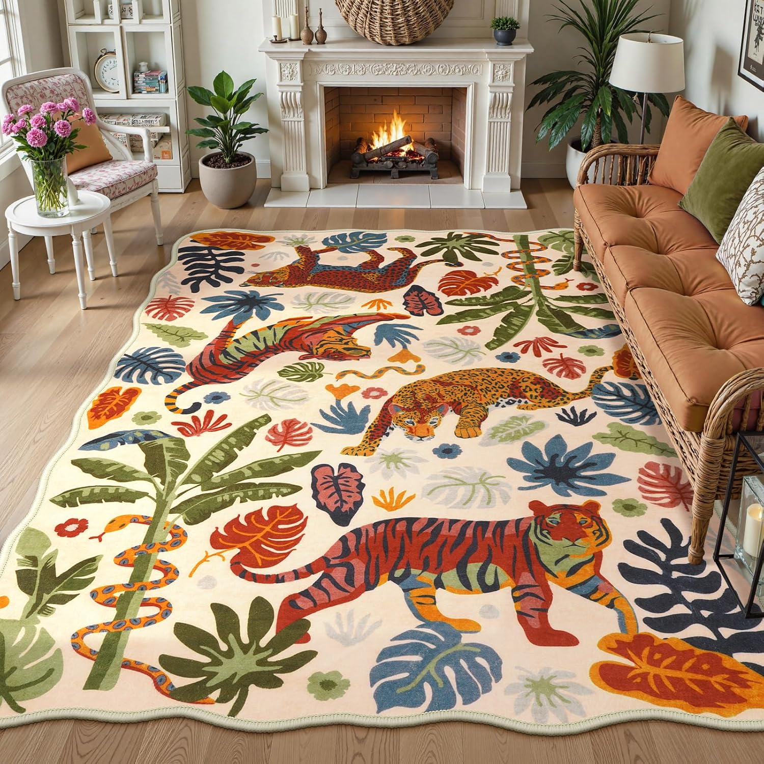 LEEVAN 5x7 Animal Area Rugs Washable Green Tiger Living Room Rugs Non Slip Scalloped Tiger Bedroom Rug Low Pile Leopard Nursery Floor Carpet Jungle Leaf Print Kids Rug