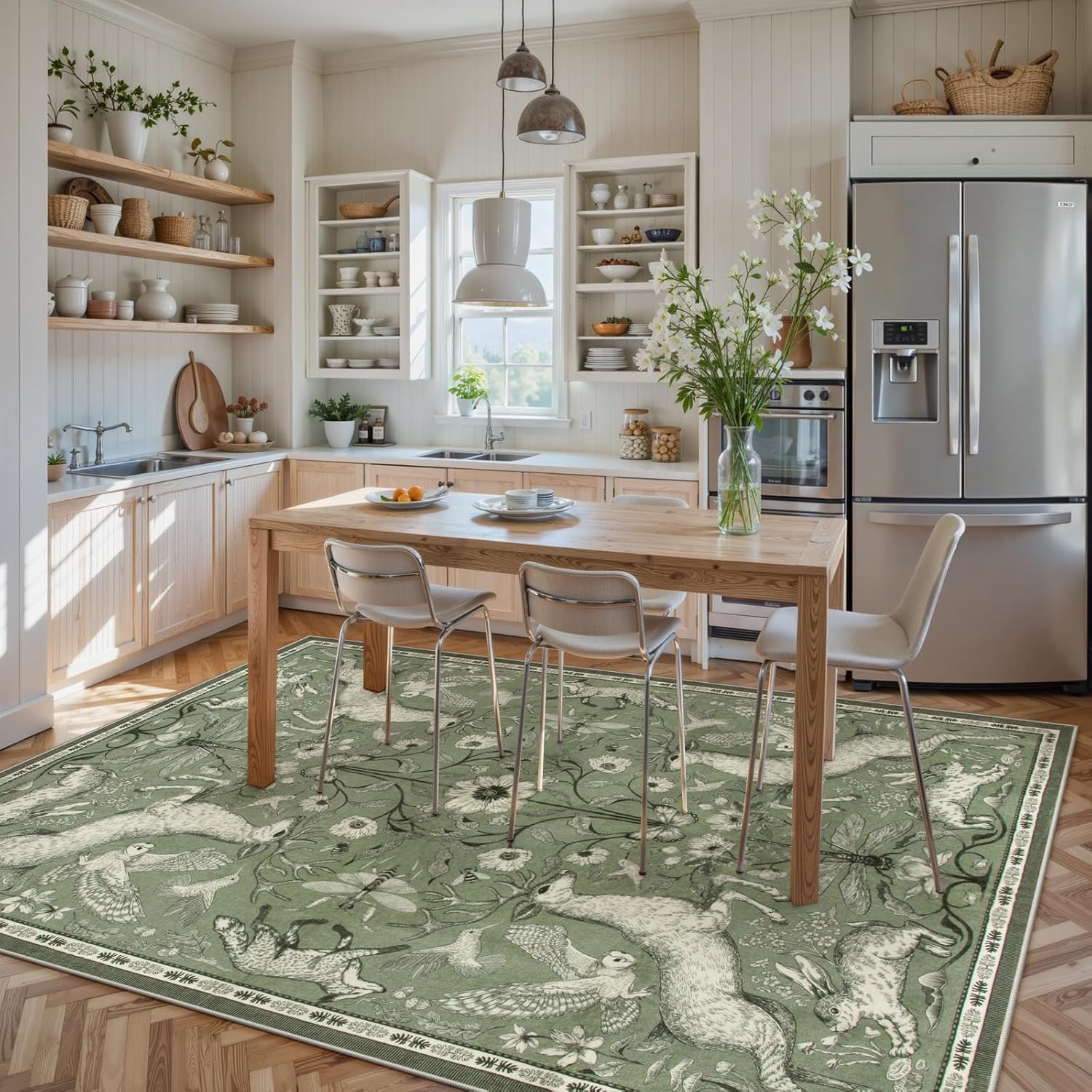 Lahome Boho Animal Washable Rugs for Living Room 8x10, Green Soft Rugs for Bedroom, Botanical Large Boho Non Slip Dining Room Carpet for Under Table Office Kids Playroom (8x10ft,Green)