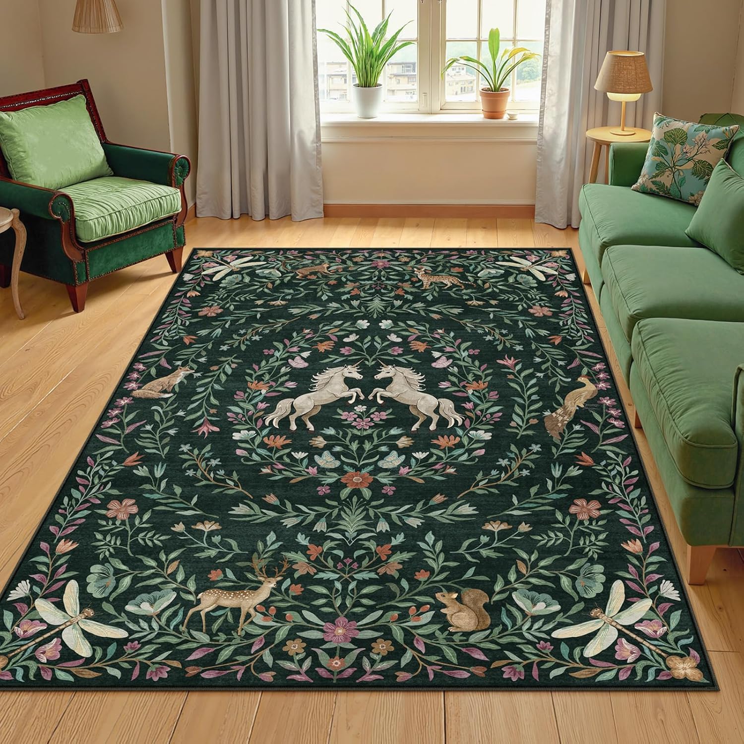 Machine Washable 5x7 Area Rugs for Living Room, Non Slip Soft Low Pile Unicorn Floral Farmhouse Moroccan Vintage Animal Playroom Girls Rugs for Bedroom, Carpet Rugs for Nurseries(Forest Green5'x7')