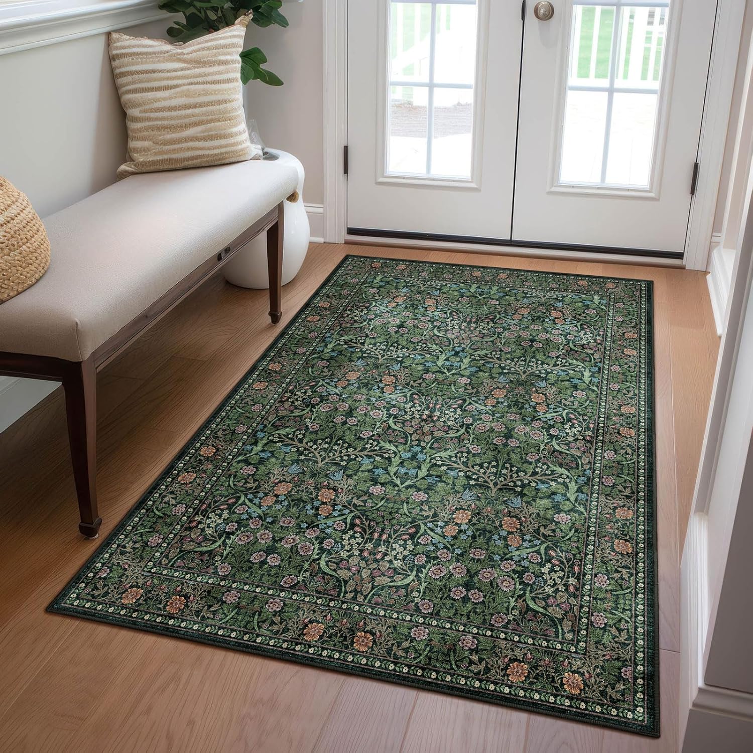 Floral 5x8 Living Room Area Rug - Sage Green Soft Washable Boho Rugs for Bedroom Aesthetic Stain Resistant Carpet Non Slip Modern Insect Print Rugs for Living Room Dining Room Kids Room Office